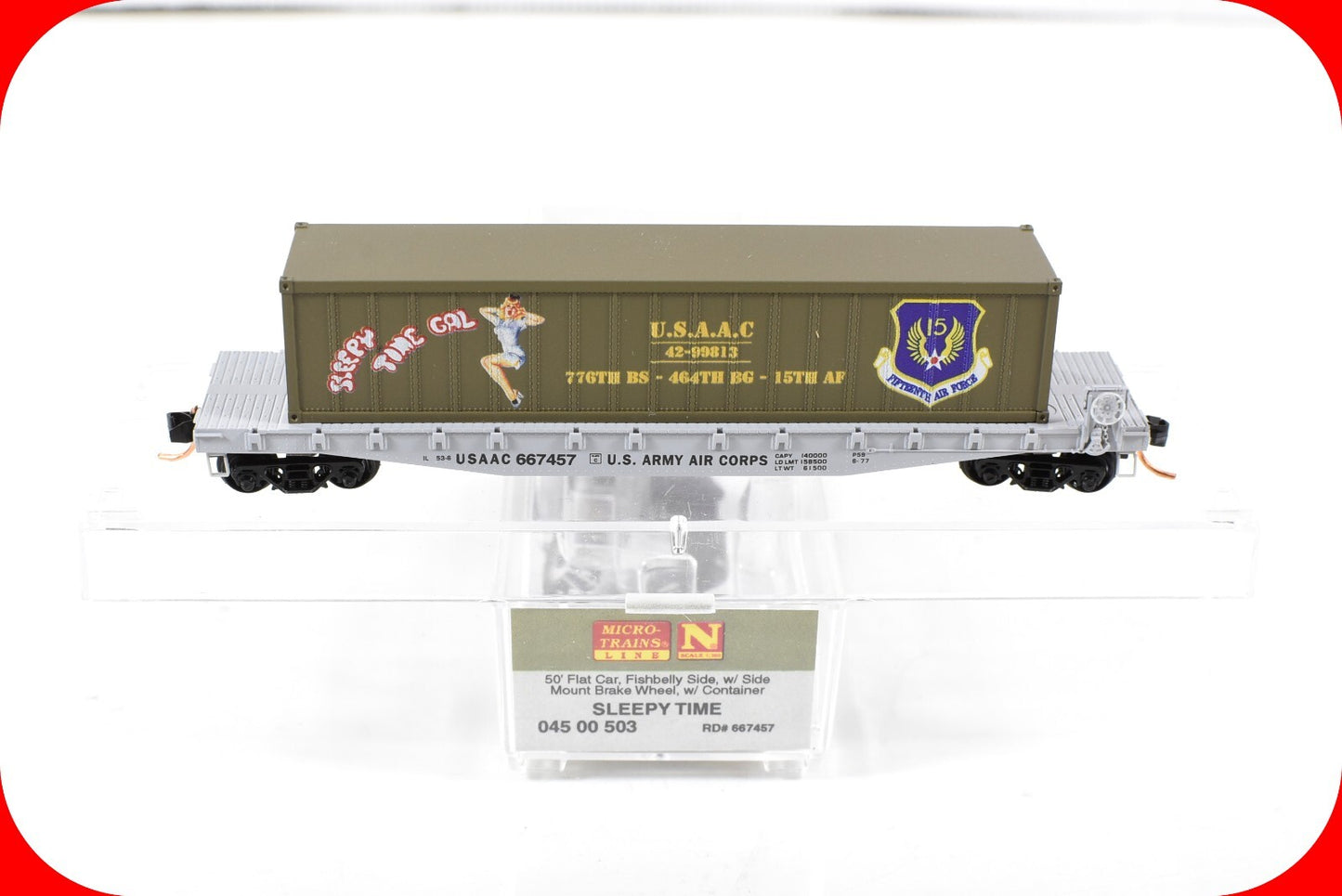 N Scale *WWII USAAC Flat Car, SLEEPY TIME GAL* Container - Micro-Trains 04500503