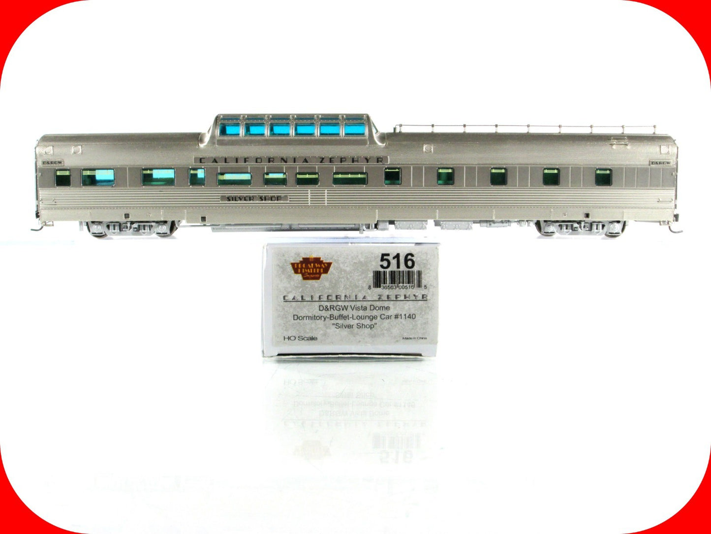 HO Scale **DRGW CA ZEPHYR** SILVER SHOP Vista Dome #1140 - Broadway 516, Lighted