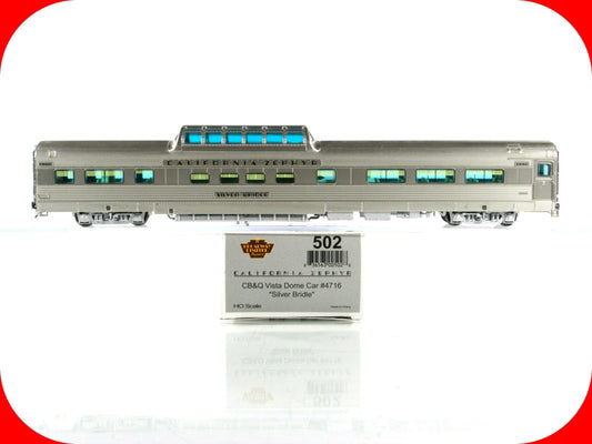 HO Scale **CB&Q CA ZEPHYR* SILVER BRIDLE Vista Dome 4716 - Broadway 502, Lighted