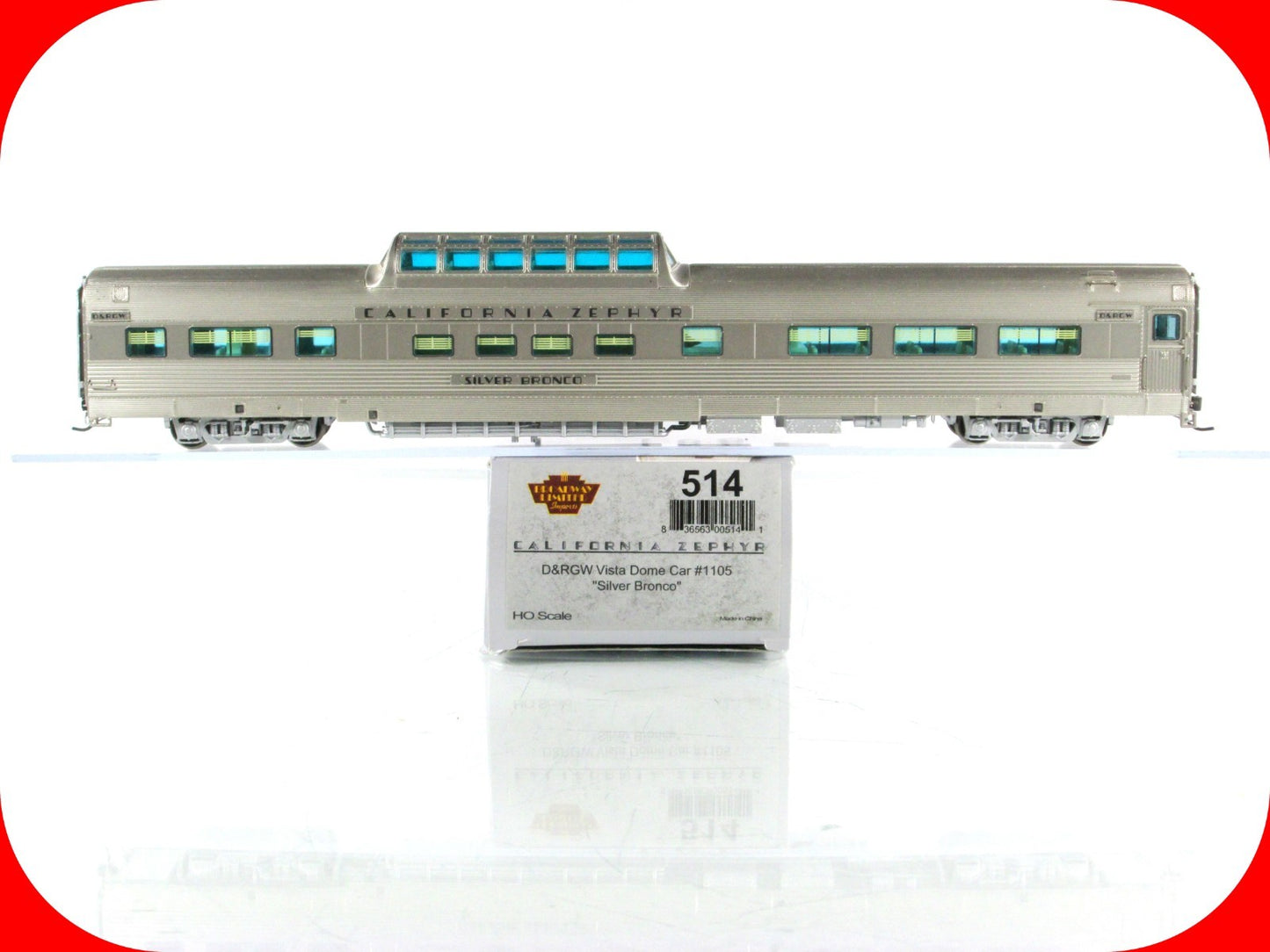 HO Scale **DRGW CA ZEPHYR* SILVER BRONCO Vista Dome 1105 - Broadway 514, Lighted