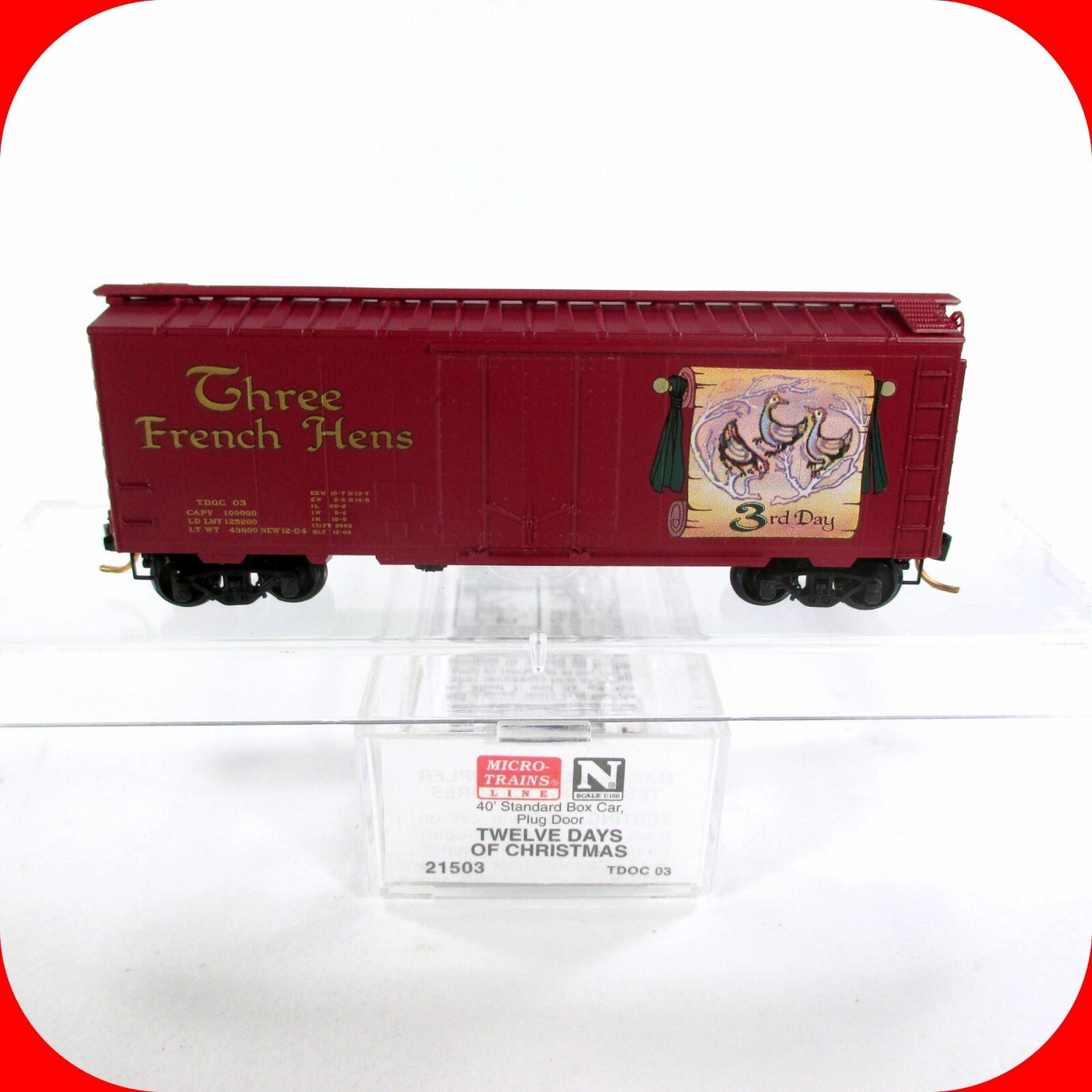N Scale ***THREE FRENCH HENS*** 12 Days Christmas Box Car -- Micro Trains 21503