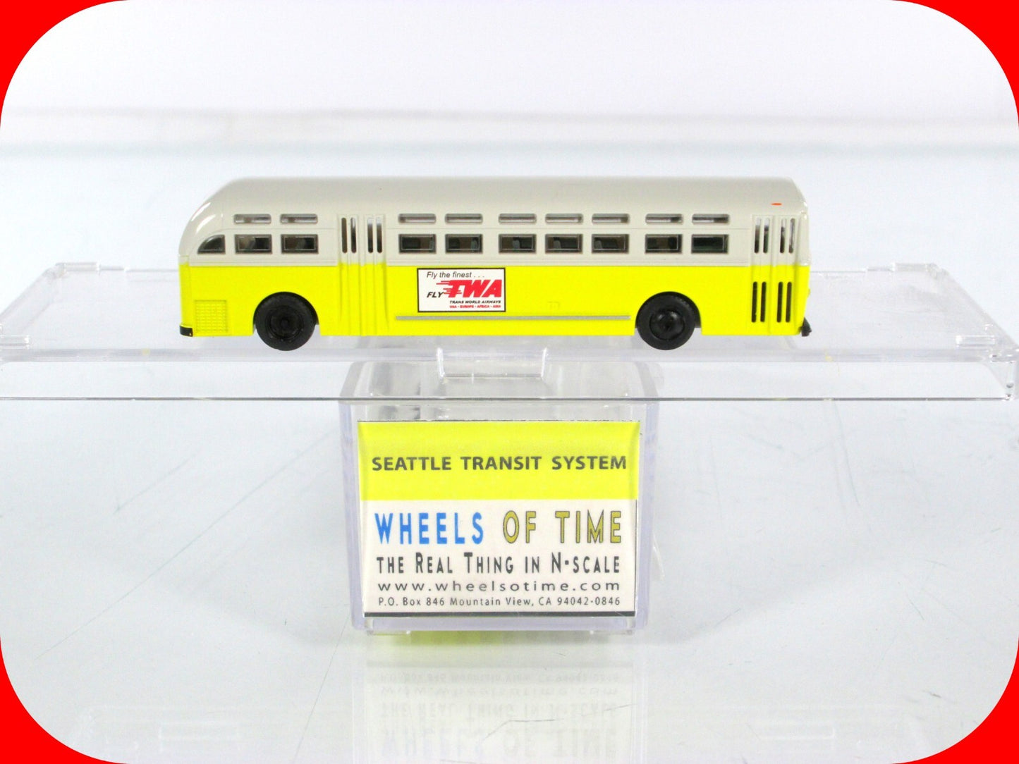 N Scale ***SEATTLE TRANSIT*** Motor Coach, TWA ad, #1204 - WHEELS of TIME 90211