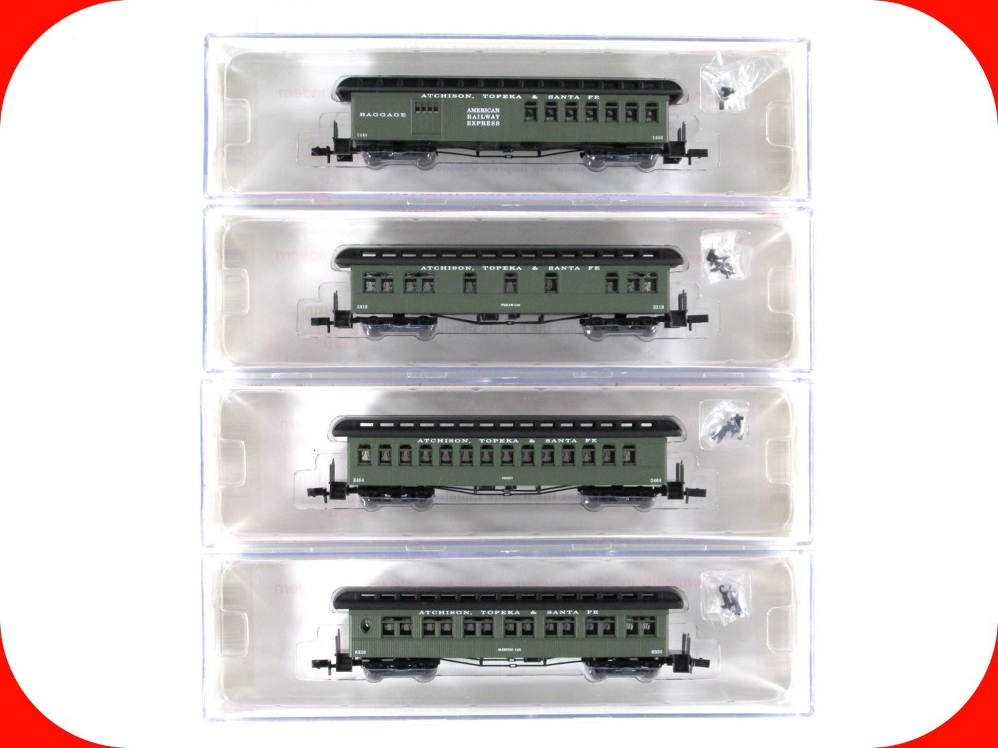 N Scale ***SANTA FE Overland*** Passenger 4-Pack -Roundhouse 89416, Knuckle Cplr