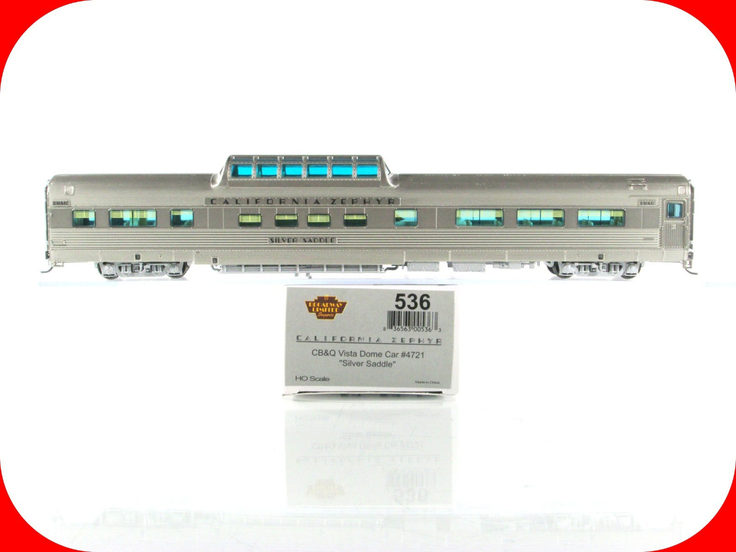 HO Scale *CB&Q CA ZEPHYR* SILVER SADDLE Vista Dome #4721 - Broadway 536, Lighted