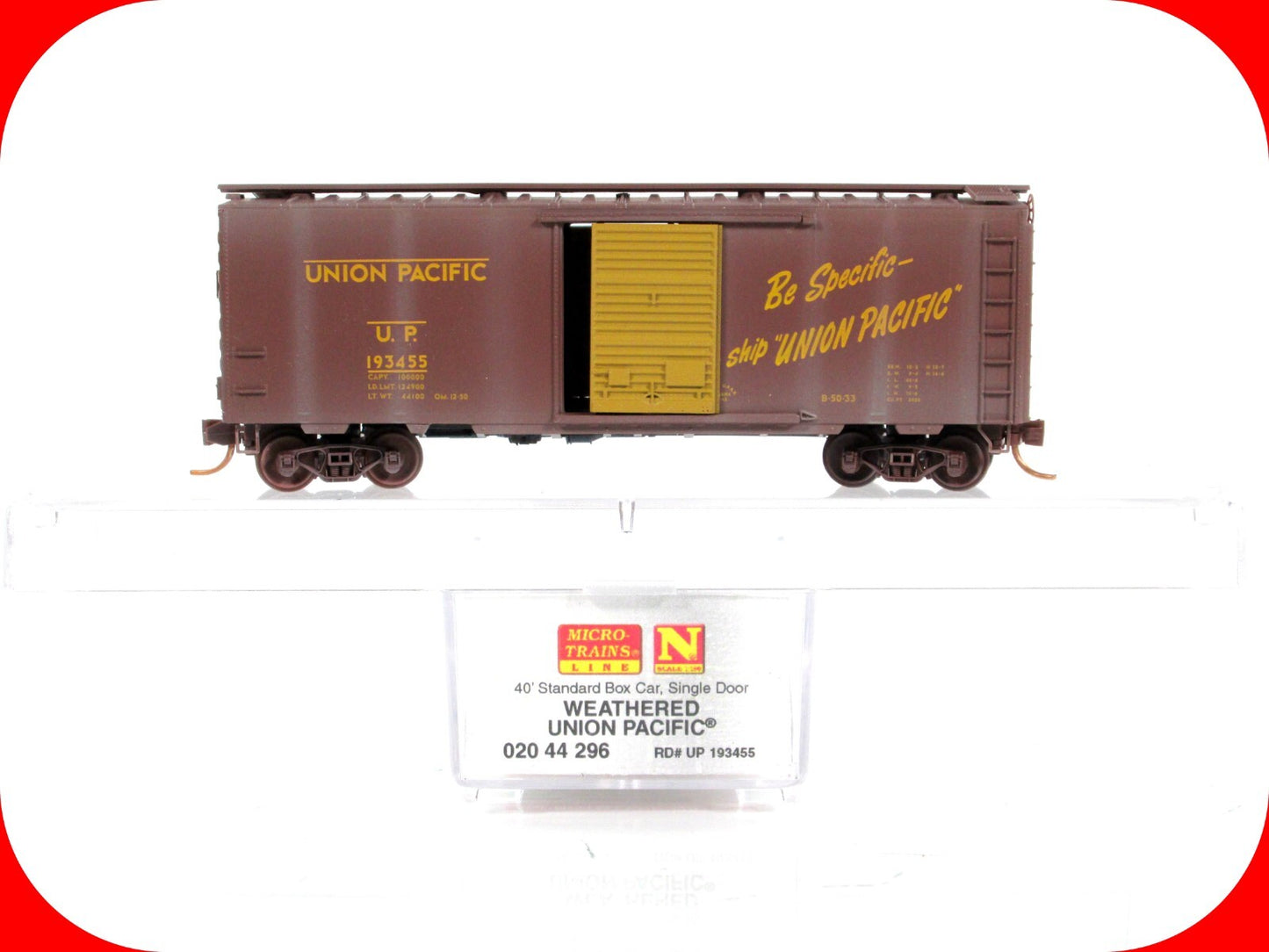 N Scale ***UNION PACIFIC*** Weathered 40' Box Car #193455 -Micro Trains 02044296