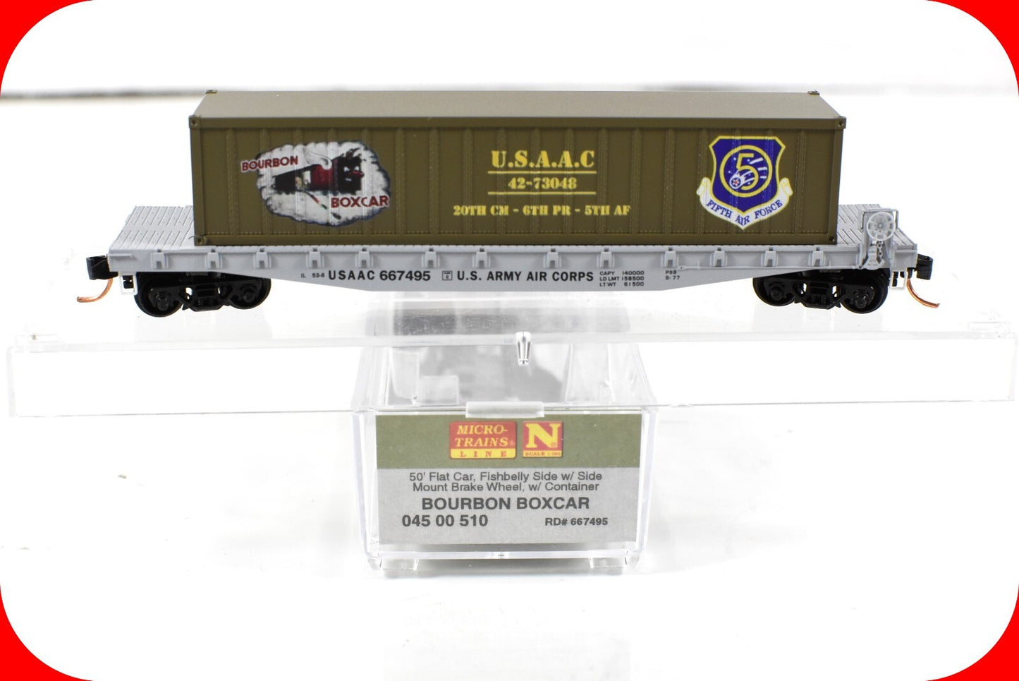 N Scale **WWII USAAC Flat Car, BOURBON BOXCAR** Container -Micro-Trains 04500510