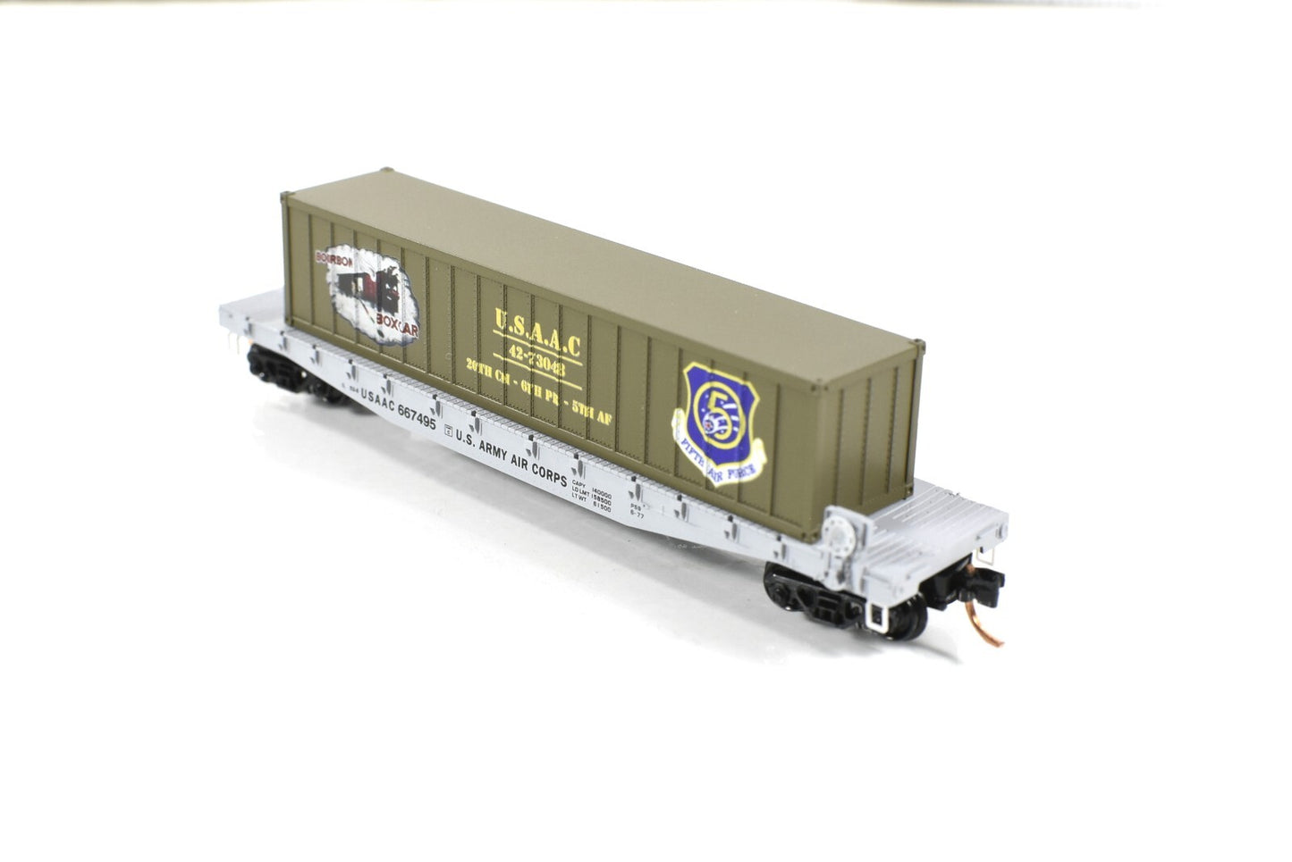 N Scale **WWII USAAC Flat Car, BOURBON BOXCAR** Container -Micro-Trains 04500510