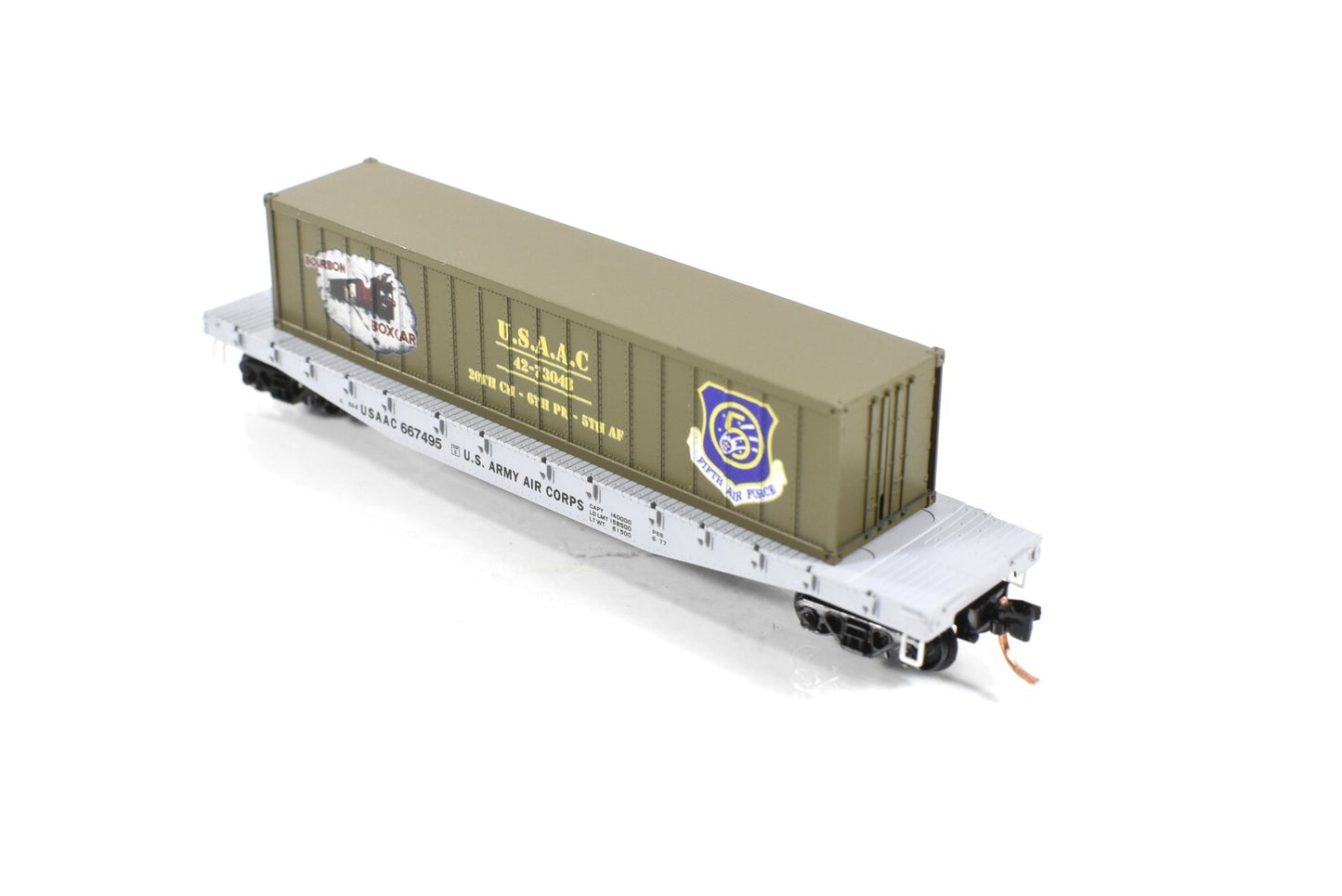 N Scale **WWII USAAC Flat Car, BOURBON BOXCAR** Container -Micro-Trains 04500510