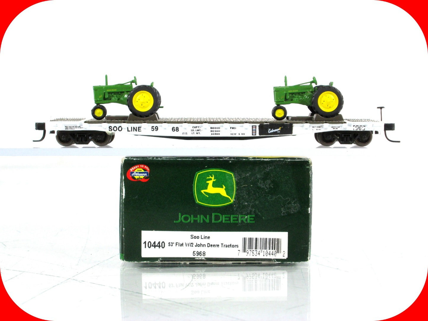 N Scale *JOHN DEERE* Tractors, Flat Car *SOO LINE* 5968 - Athearn 10440 *RARE