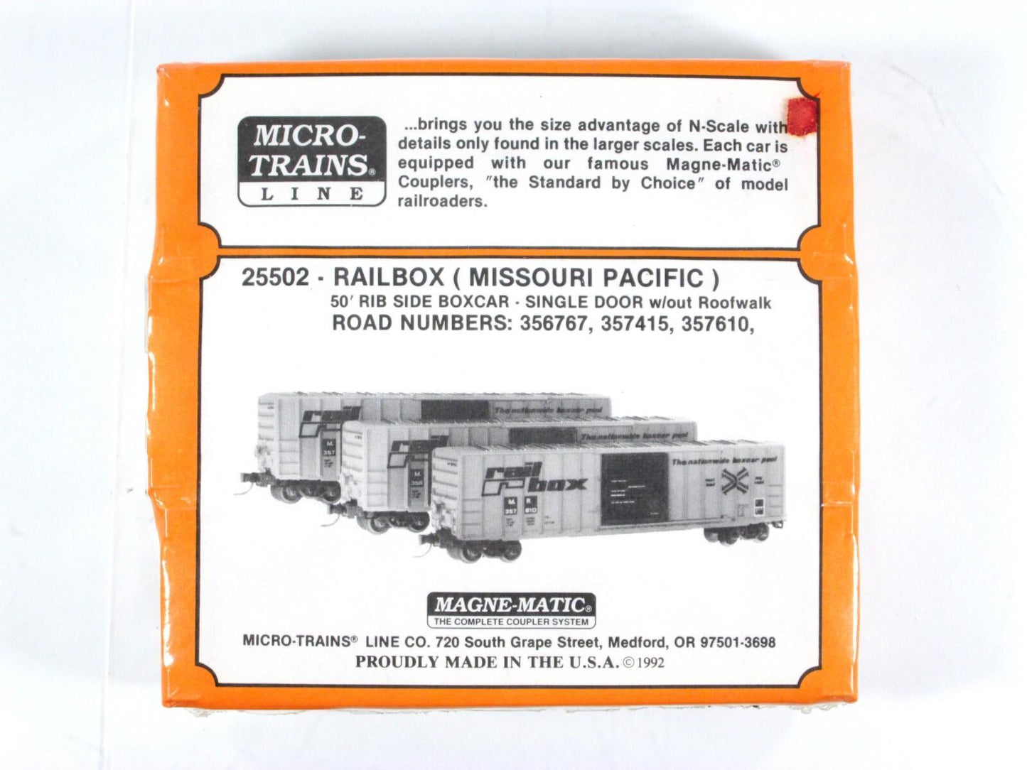 N Scale ***RAILBOX*** (Missouri Pacific) 50' Box Car 3-Pack - Micro Trains 25502