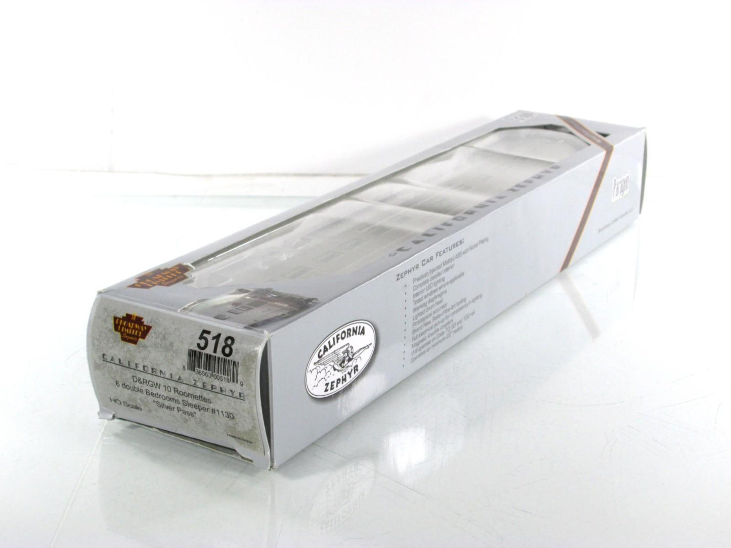 HO Scale ***DRGW CA ZEPHYR*** SILVER PASS Sleeper 1130 -- Broadway 518, Lighted