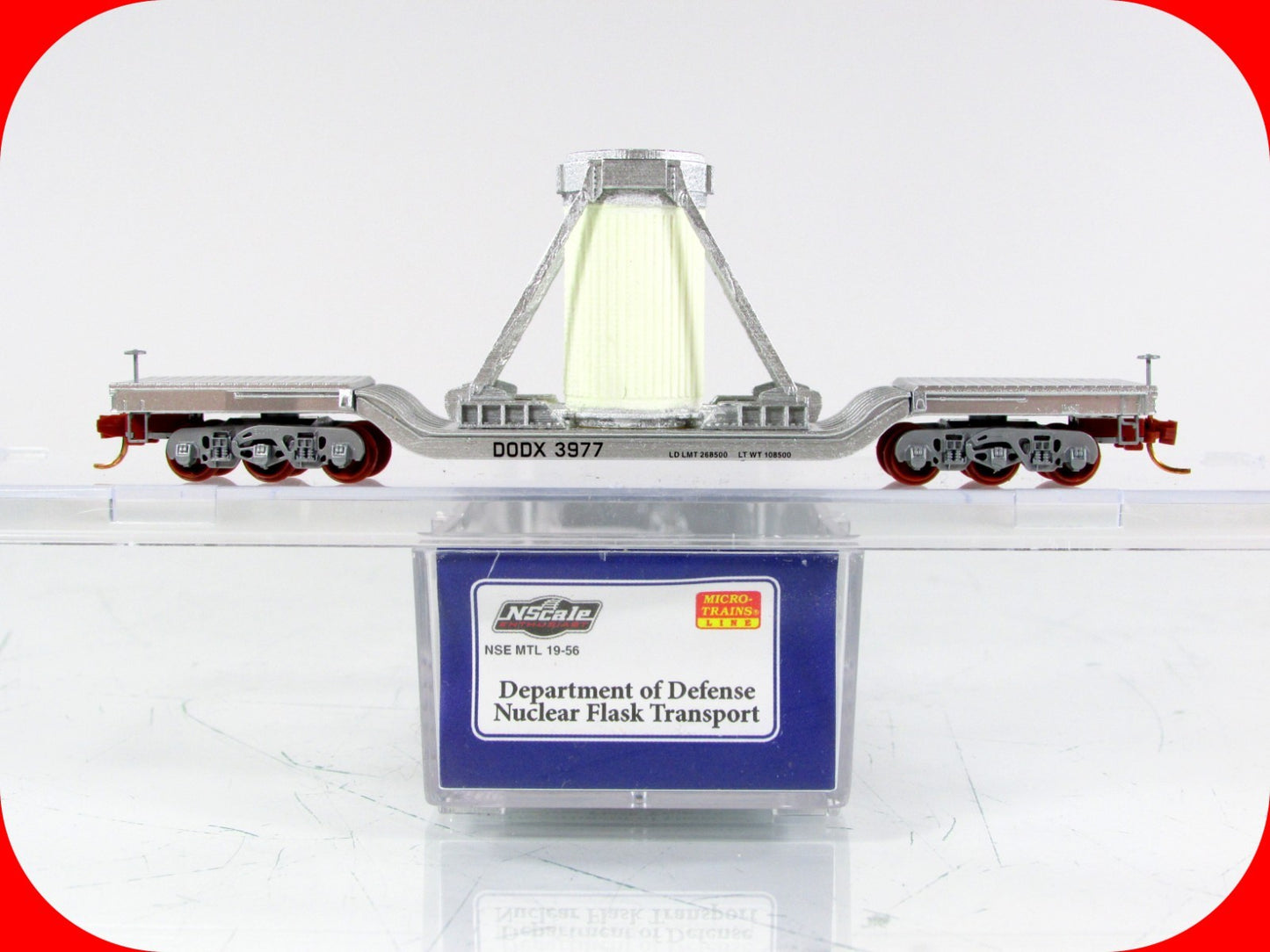 N Scale **NUCLEAR FLASK TRANSPORT (Glows)** Flat Car, DODX 3977 -- NSE MTL 19-56