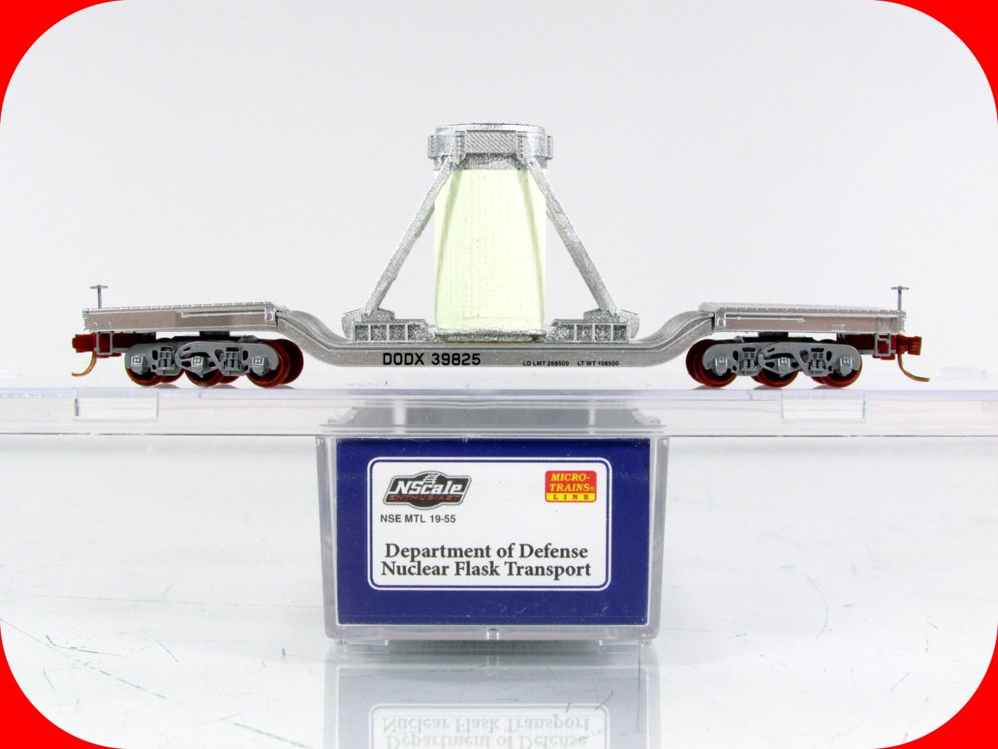 N Scale **NUCLEAR FLASK TRANSPORT (Glows)** Flat Car, DODX 39825 - NSE MTL 19-55