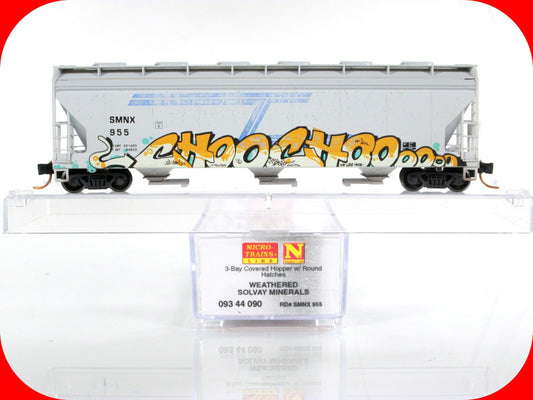 N Scale **SOLVAY MINERALS** Weathered 3-Bay Hopper #955 -  Micro Trains 09344090