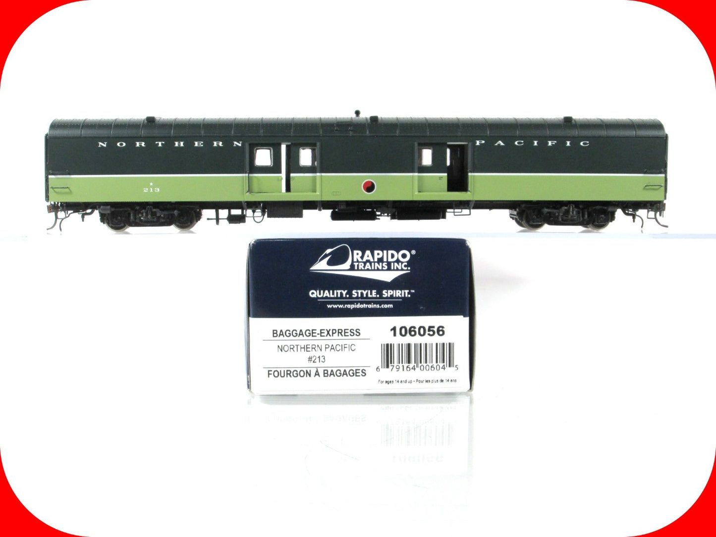 HO Scale ***NORTHERN PACIFIC LOEWY*** Baggage Car #213 -- Rapido 106056, Lighted