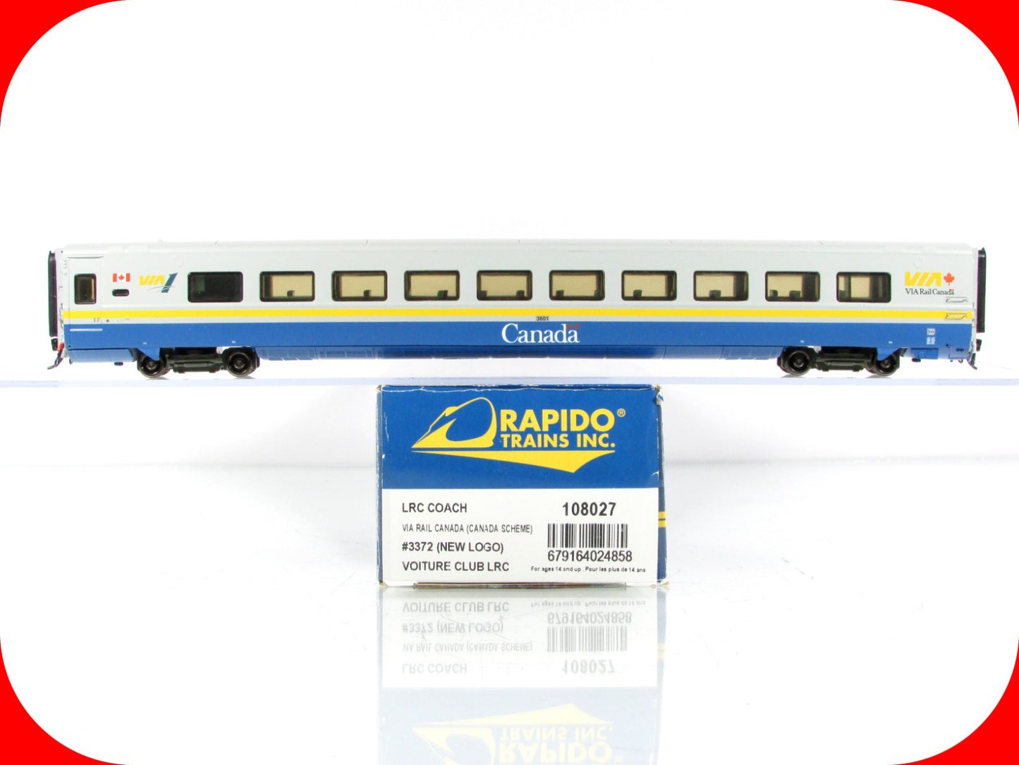 HO Scale ***VIA RAIL CANADA*** Lightweight Coach #3372 - Rapido 108027, Lighted
