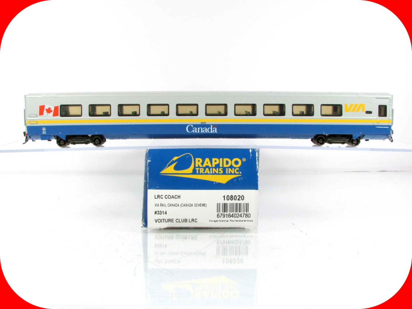 HO Scale ***VIA RAIL CANADA*** Lightweight Coach #3314 - Rapido 108020, Lighted