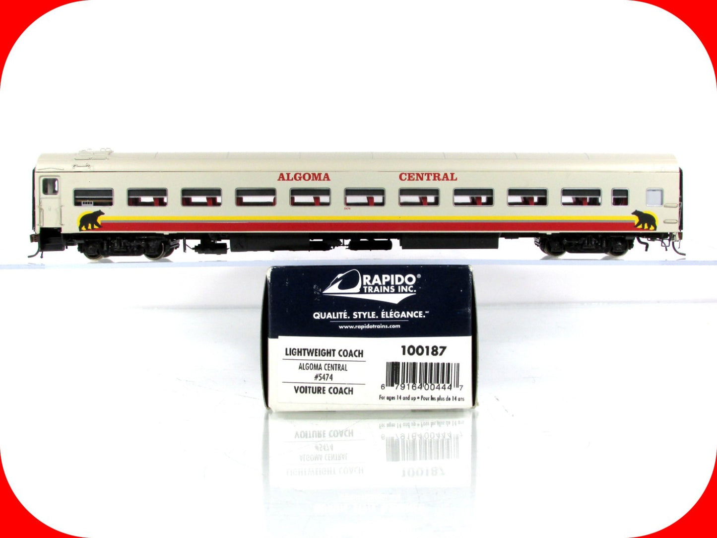HO Scale ***ALGOMA CENTRAL*** Lightweight Coach #5474 - Rapido 100187, Lighted