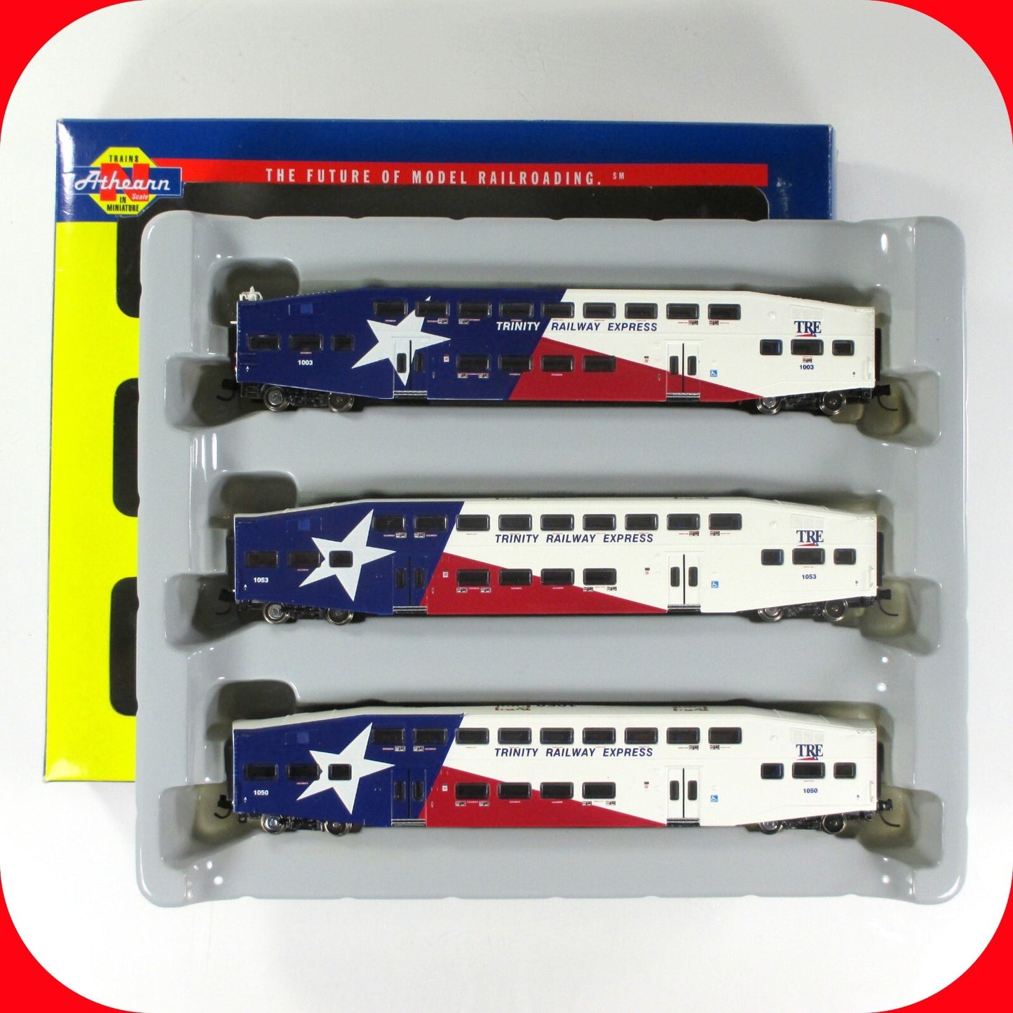 N Scale ***TRINITY RAILWAY EXPRESS*** TRE Bombardier 3-Set - Athearn 10166 *RARE