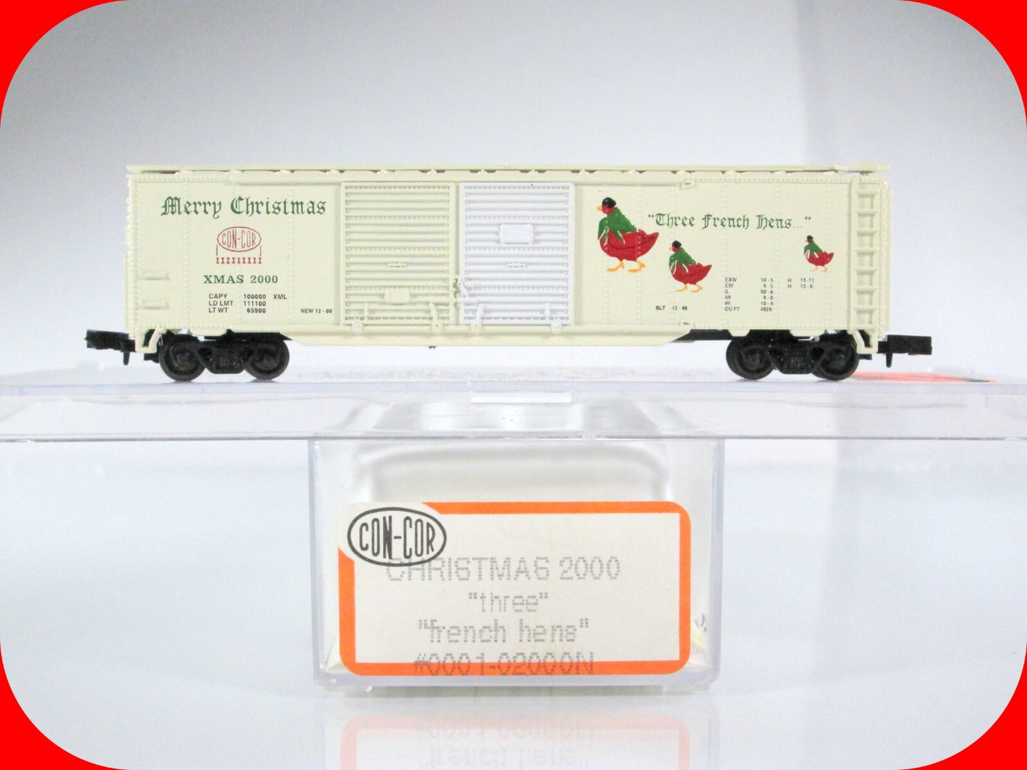 N Scale **THREE FRENCH HENS** 12 Days of Christmas 50' Box Car -- Con-Cor 02000N