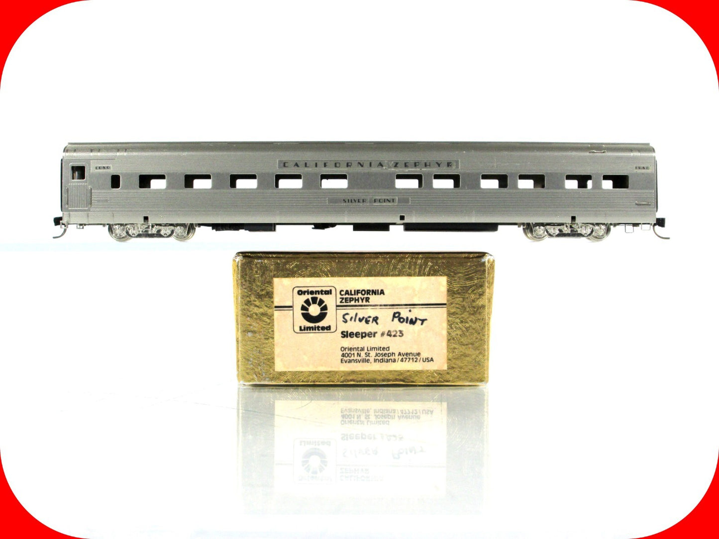 N Scale BRASS **CB&Q - ZEPHYR** Silver Point Sleeper - Oriental 423, Knuckle Cpl