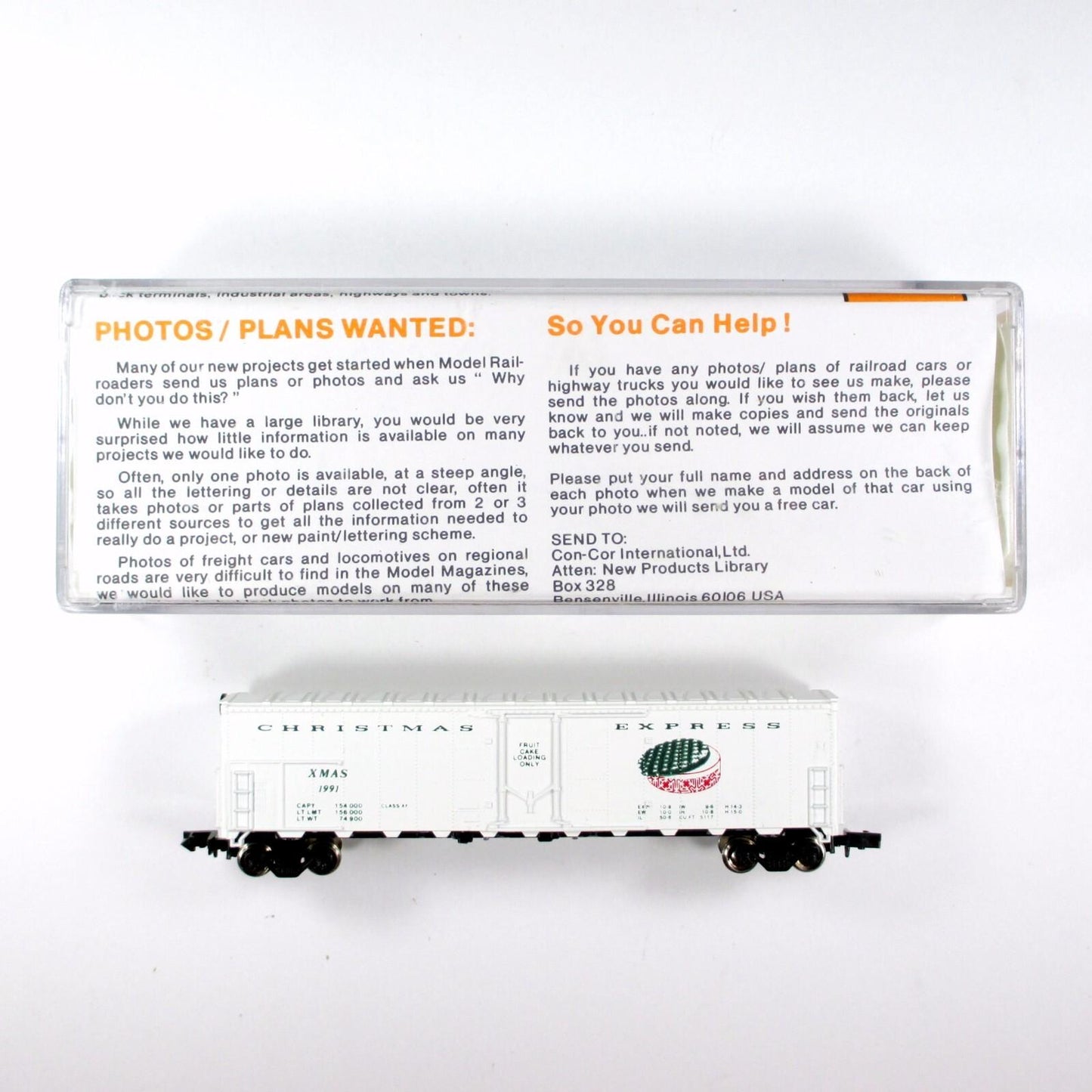 N Scale ***CHRISTMAS FRUITCAKE EXPRESS** 50' Box Car, XMAS 1991 - Con-Cor 008714