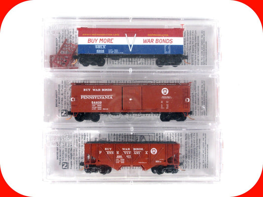 N Scale **BUY WAR BONDS** Box Car, Reefer, Hopper 3-Pack - Micro Trains 99305210
