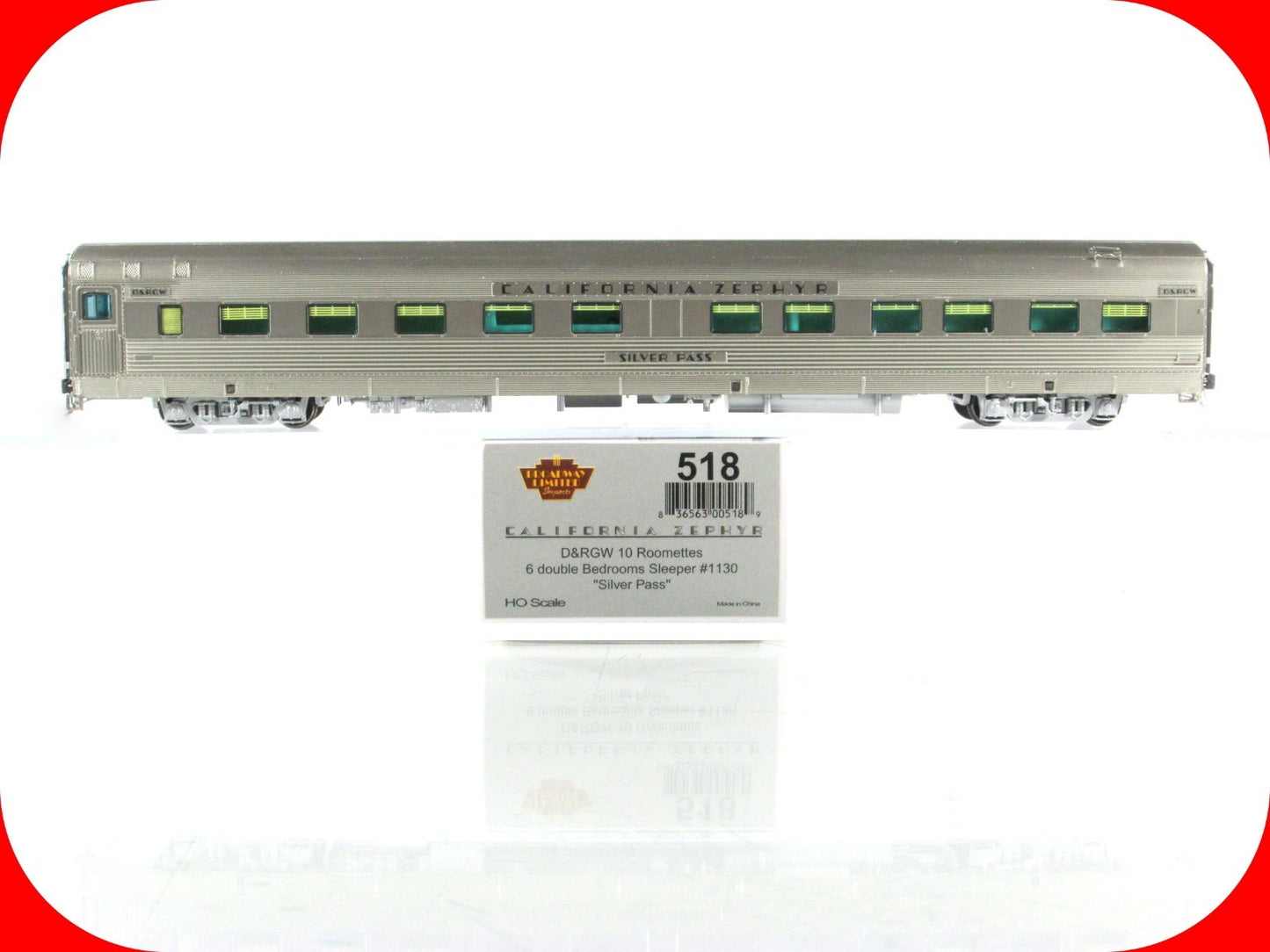 HO Scale ***DRGW CA ZEPHYR*** SILVER PASS Sleeper 1130 - Broadway 518, Lighted