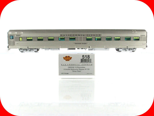 HO Scale ***DRGW CA ZEPHYR*** SILVER PASS Sleeper 1130 - Broadway 518, Lighted