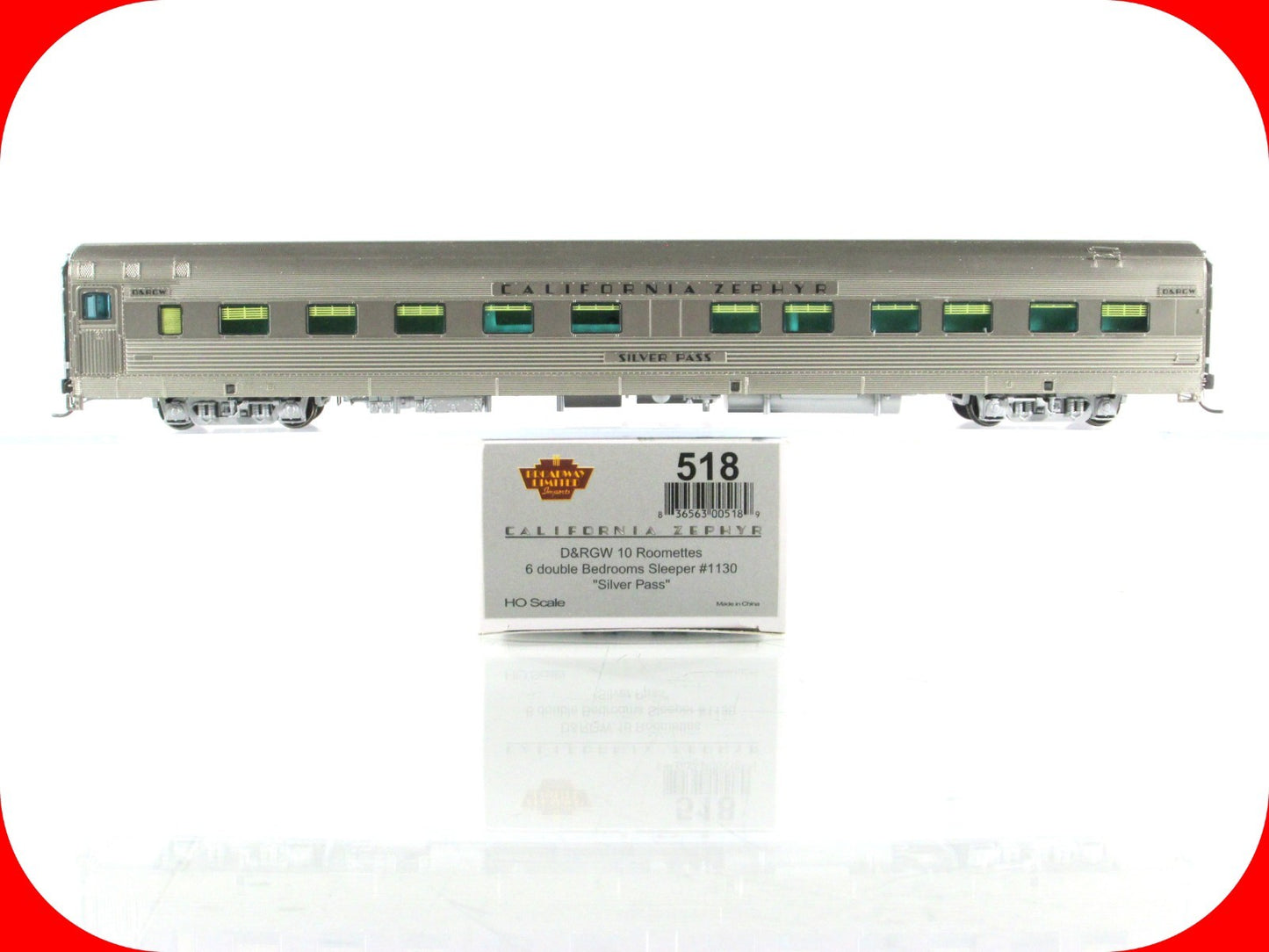 HO Scale ***DRGW CA ZEPHYR*** SILVER PASS Sleeper 1130 --- Broadway 518, Lighted