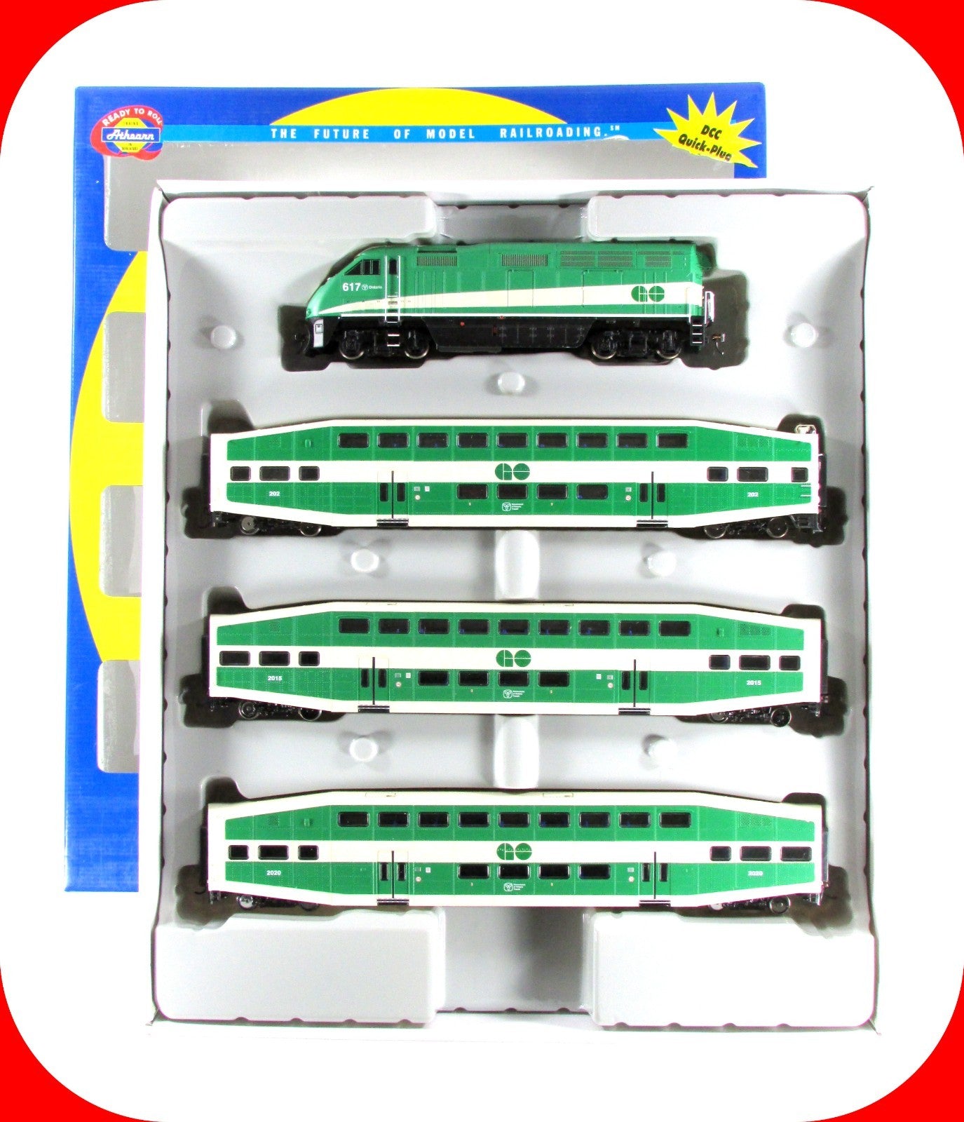 HO Scale **GO TRANSIT** F59PHI #617, Cars #202,2015,2020 -Athearn 25991, DCC Rdy
