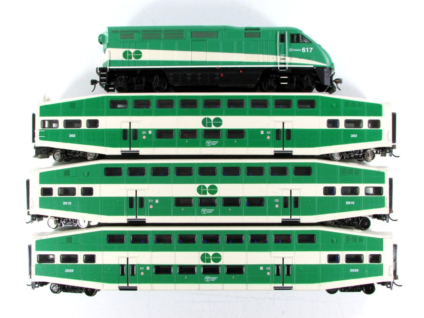 HO Scale **GO TRANSIT** F59PHI #617, Cars #202,2015,2020 -Athearn 25991, DCC Rdy