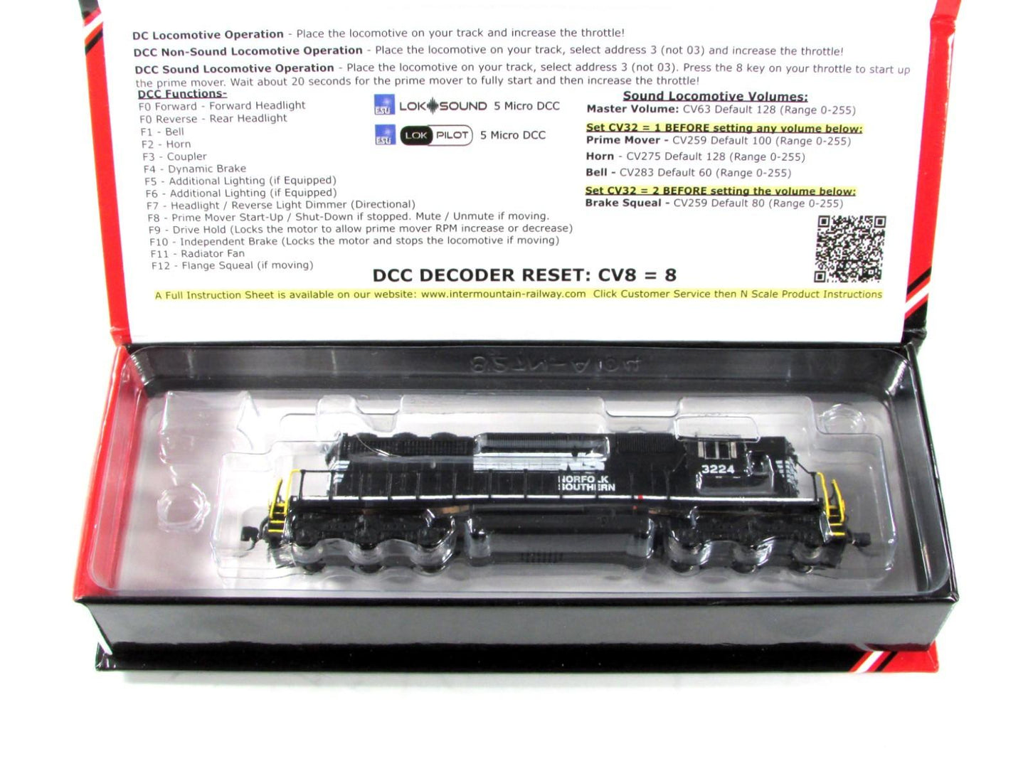 N Scale ***NORFOLK SOUTHERN*** SD40-2 #3224 - Intermountain 69388S, DCC LokSound