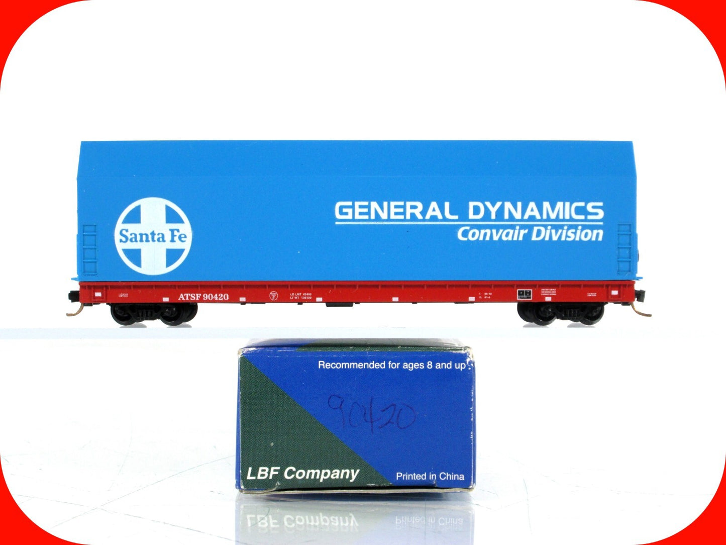 N Scale ***GENERAL DYNAMICS SKYBOX*** on Flat Car, ATSF 90420 - LBF,  MTL Cplrs