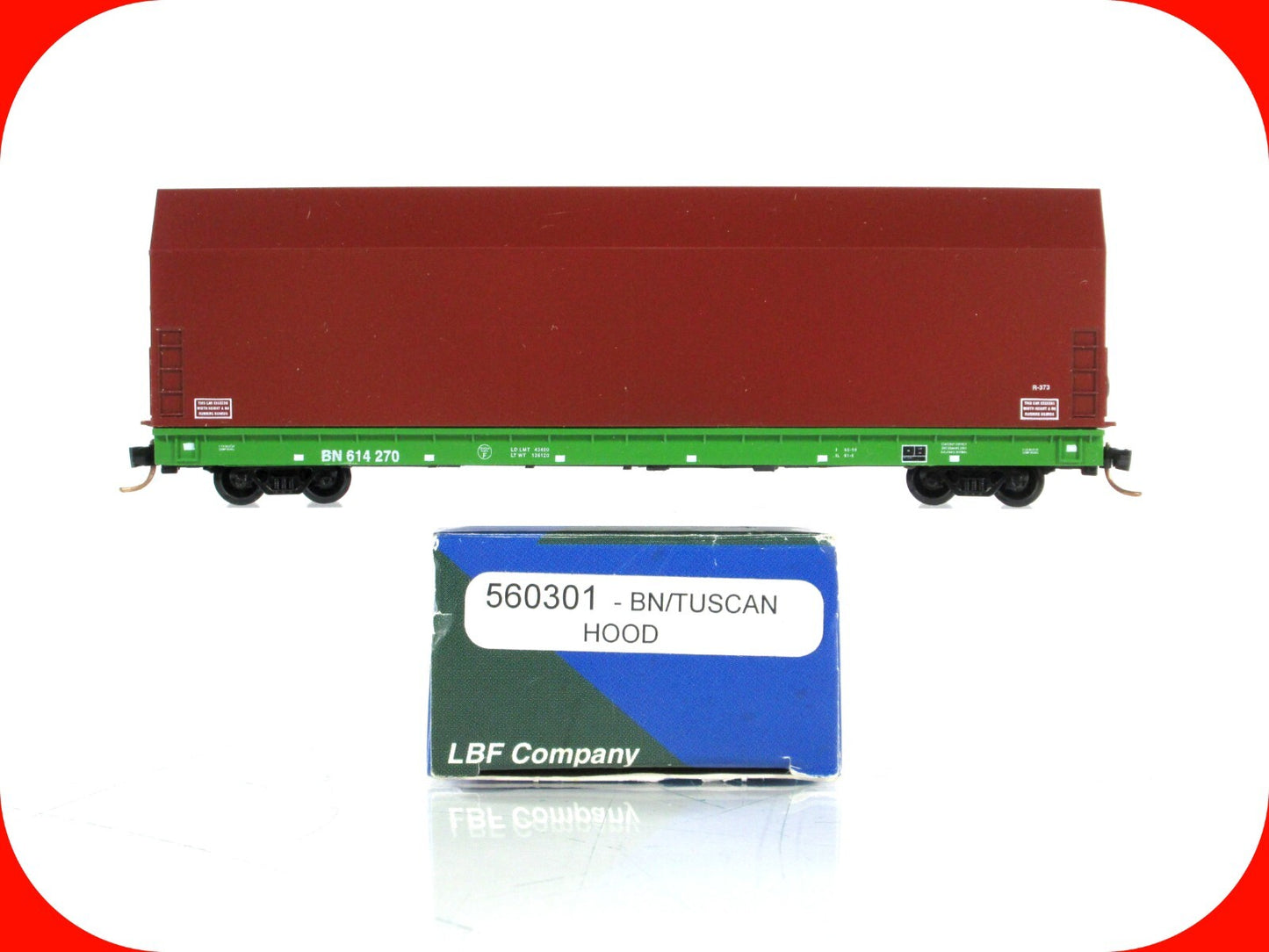 N Scale ***SKYBOX*** on Flat Car, BURLINGTON NORTHERN 614270 --- LBF,  MTL Cplrs