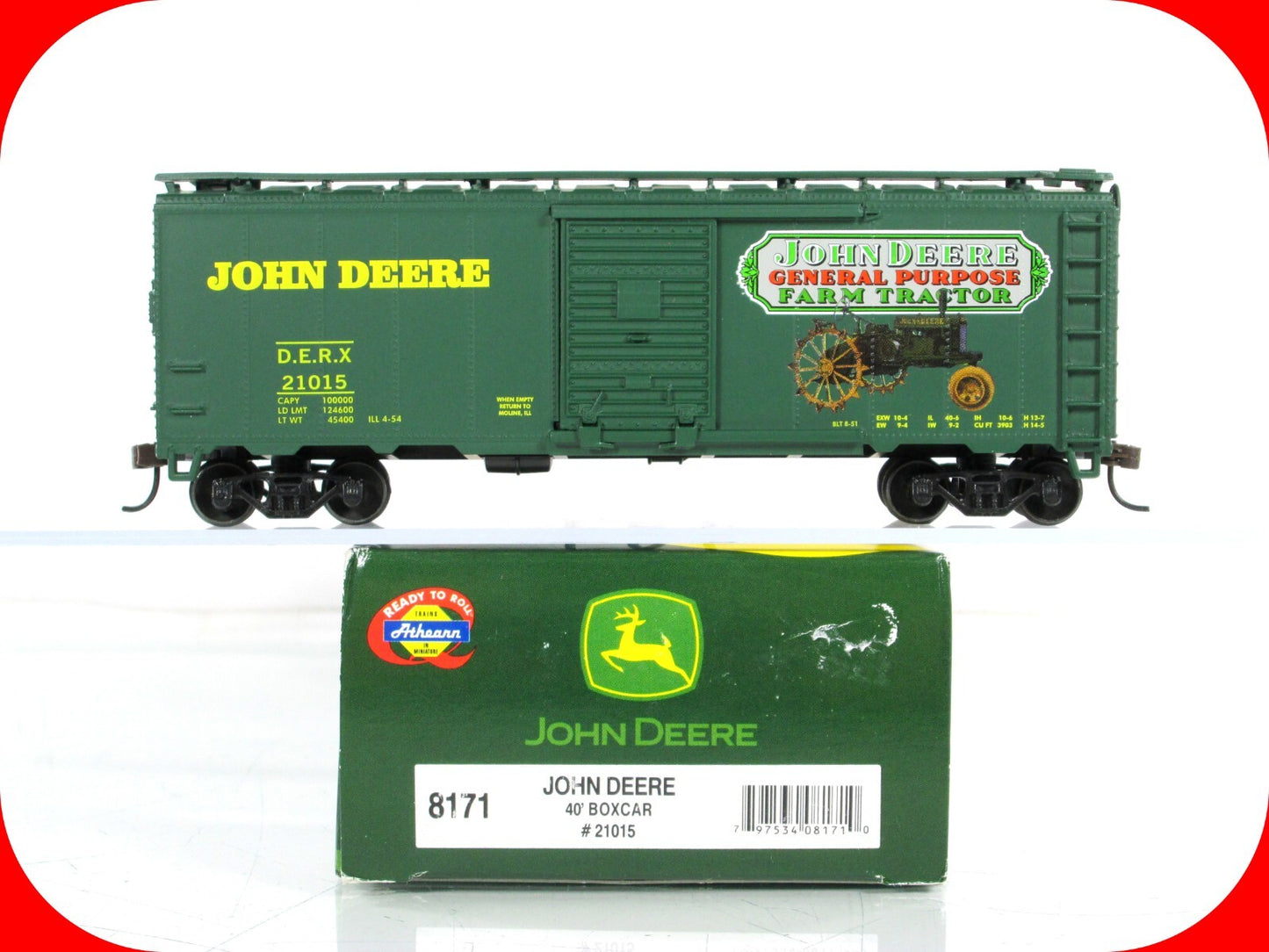 HO Scale ***JOHN DEERE FARM TRACTOR*** 40' Box Car, DERX 21015 --- Athearn 8171