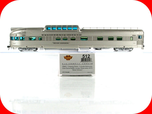 HO Scale **CB&Q CA ZEPHYR* SILVER HORIZON Vista Dome 375 - Broadway 512, Lighted