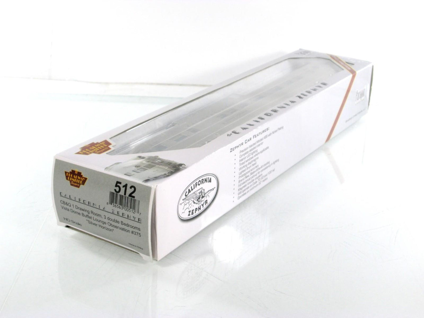 HO Scale **CB&Q CA ZEPHYR* SILVER HORIZON Vista Dome 375 - Broadway 512, Lighted