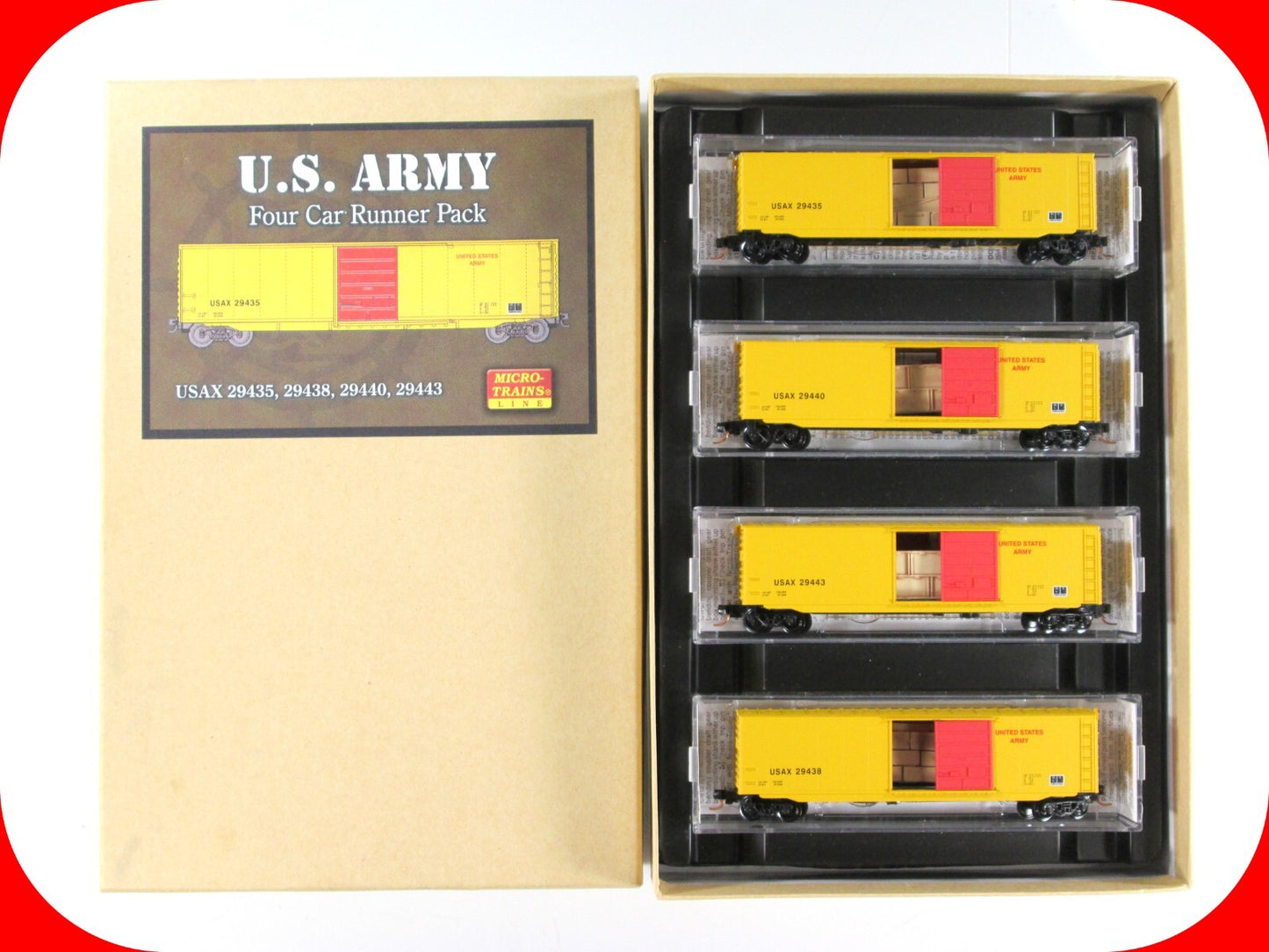 N Scale ***US ARMY*** 50' Box Car 4-Pack, w/ Crate Loads - Micro Trains 99300019