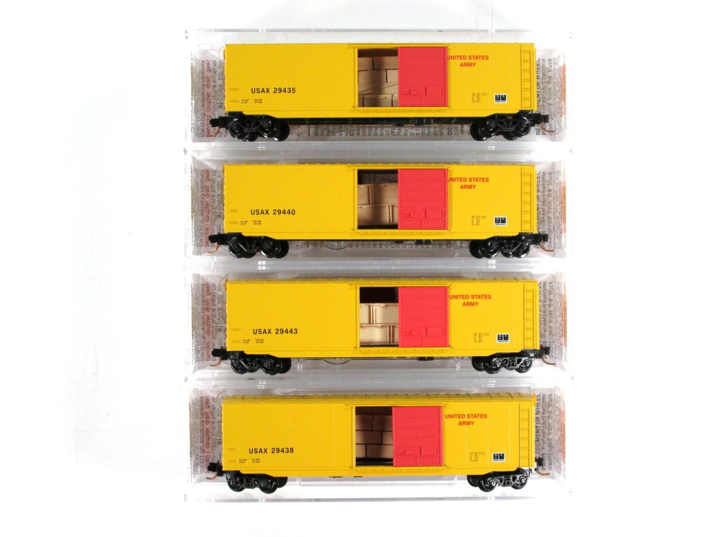 N Scale ***US ARMY*** 50' Box Car 4-Pack, w/ Crate Loads - Micro Trains 99300019