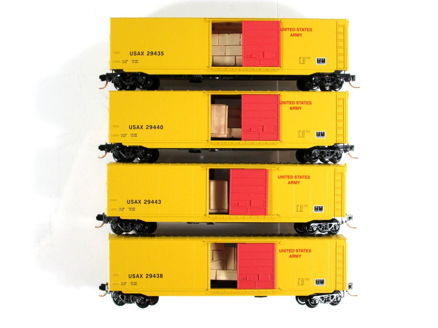 N Scale ***US ARMY*** 50' Box Car 4-Pack, w/ Crate Loads - Micro Trains 99300019