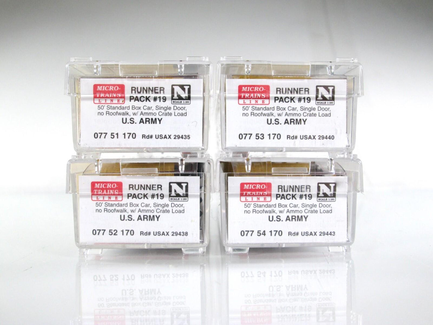 N Scale ***US ARMY*** 50' Box Car 4-Pack, w/ Crate Loads - Micro Trains 99300019