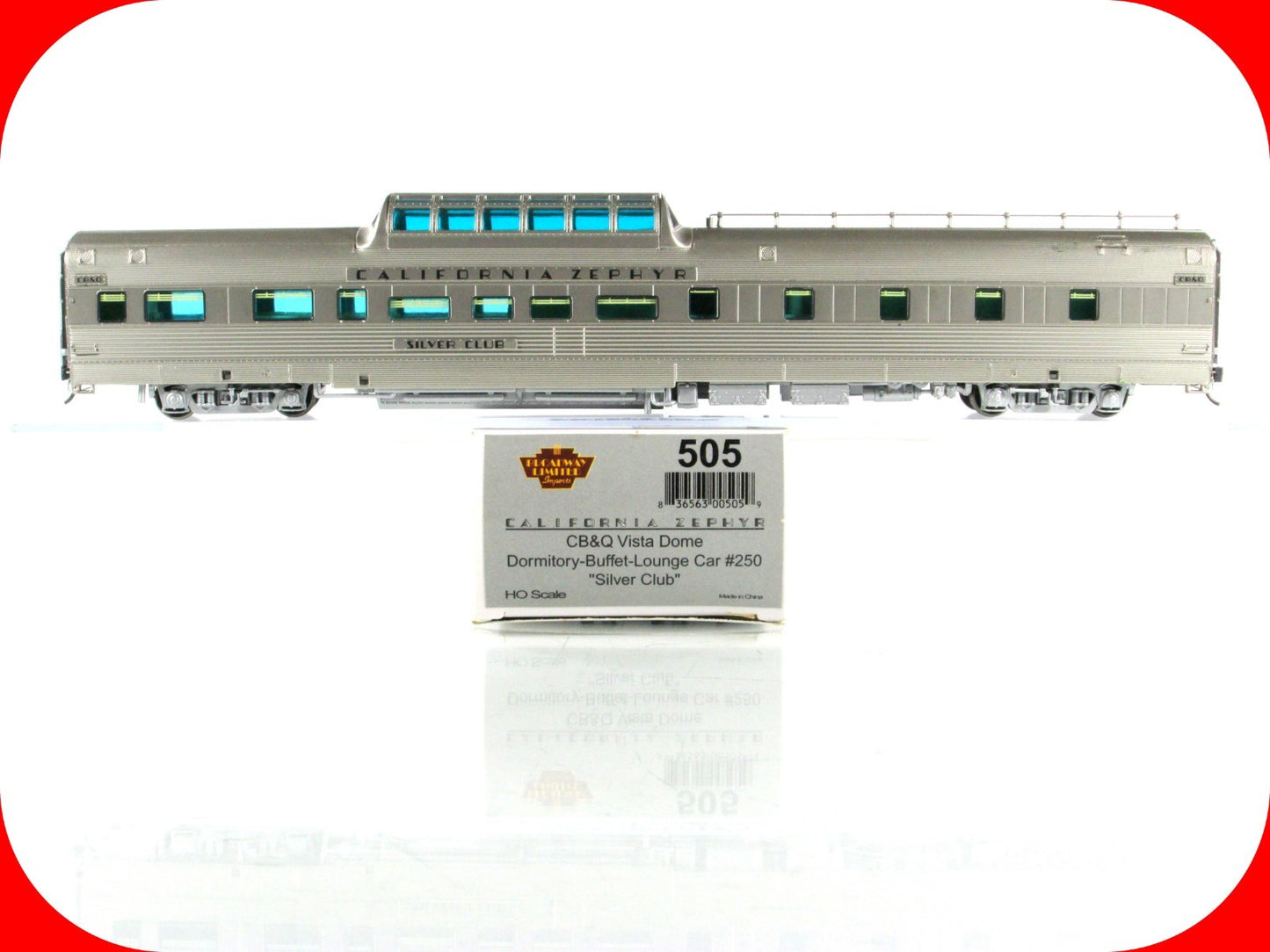 HO Scale ***CB&Q CA ZEPHYR*** SILVER CLUB Vista Dome 250 - Broadway 505, Lighted