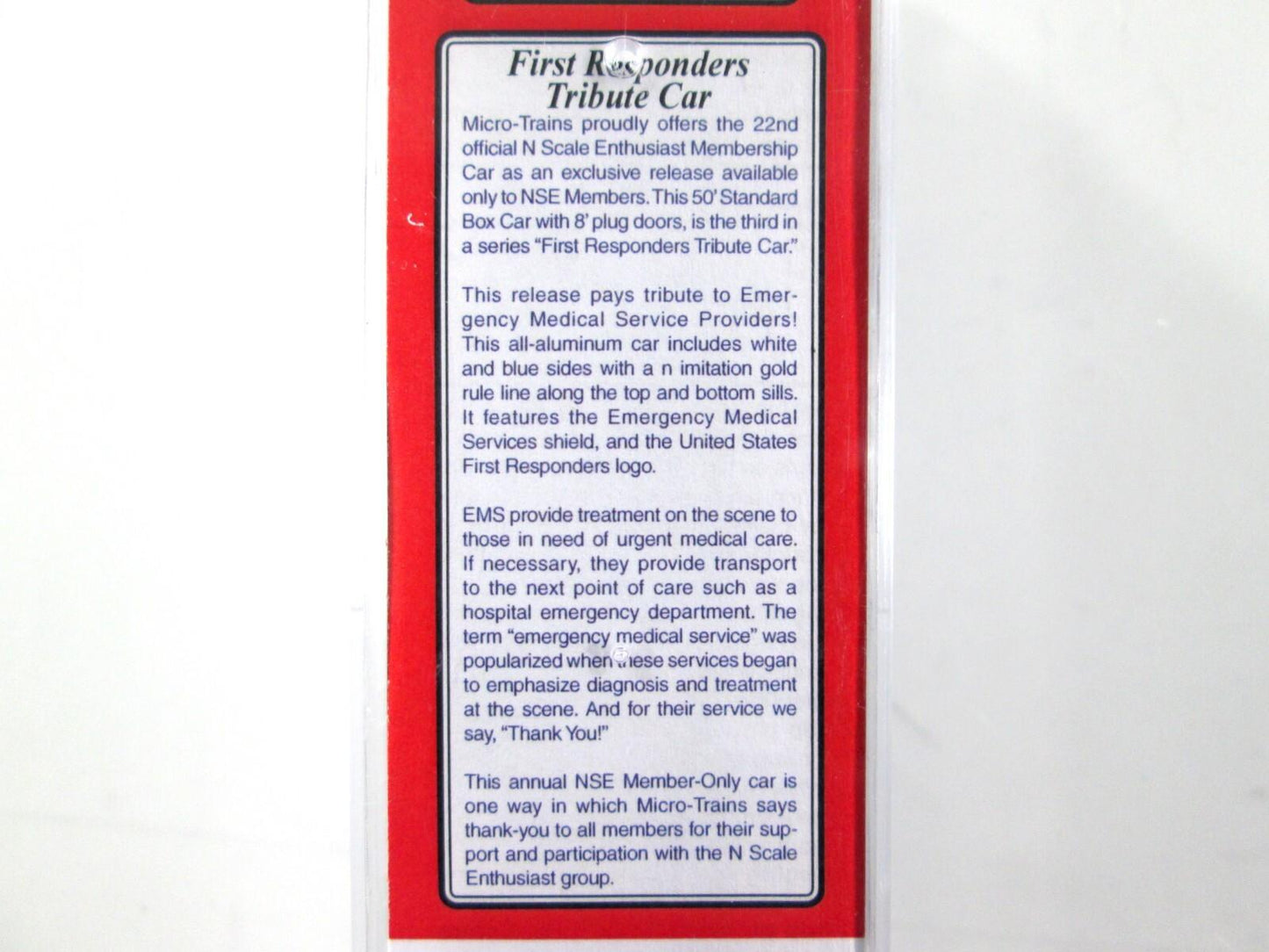 N Scale *FIRST RESPONDERS EMERGENCY MEDICAL* Tribute Car, Micro Trains NSE 22-01