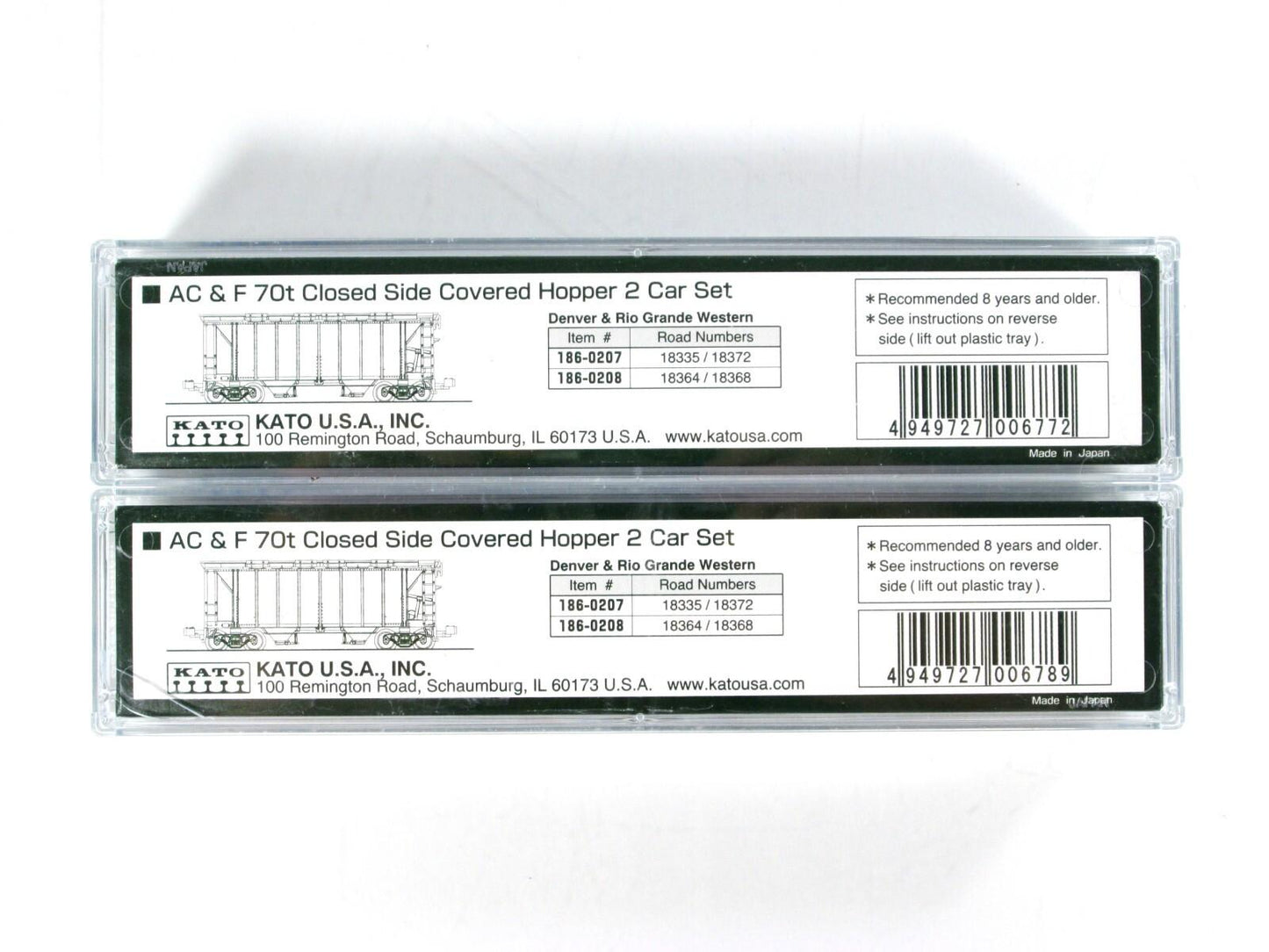 N Scale ***RIO GRANDE*** ACF 70ton 2-Bay Hopper 4-Pack - Kato 186-0207,0208