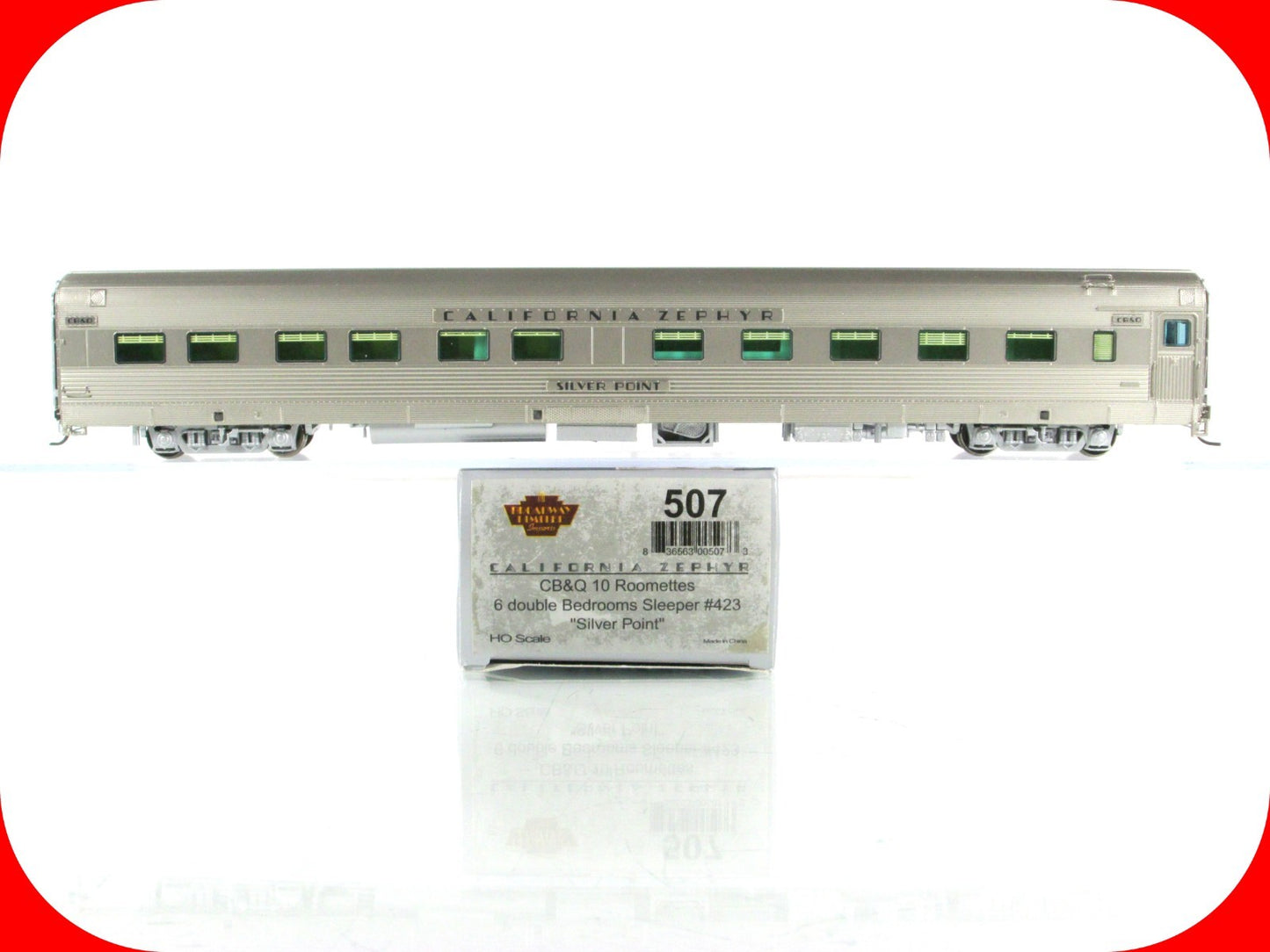 HO Scale *CBQ CALIFORNIA ZEPHYR* SILVER POINT Sleeper 423 -Broadway 507, Lighted