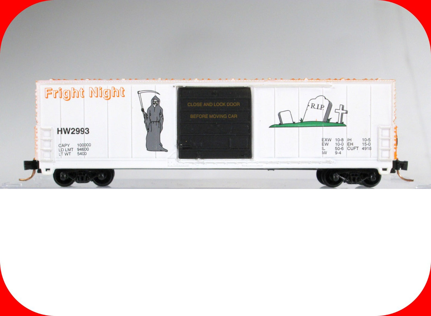 N Scale Halloween FRIGHT NIGHT / GRIM REAPER Box Car --Bev-Bel,  MTL Clprs *RARE
