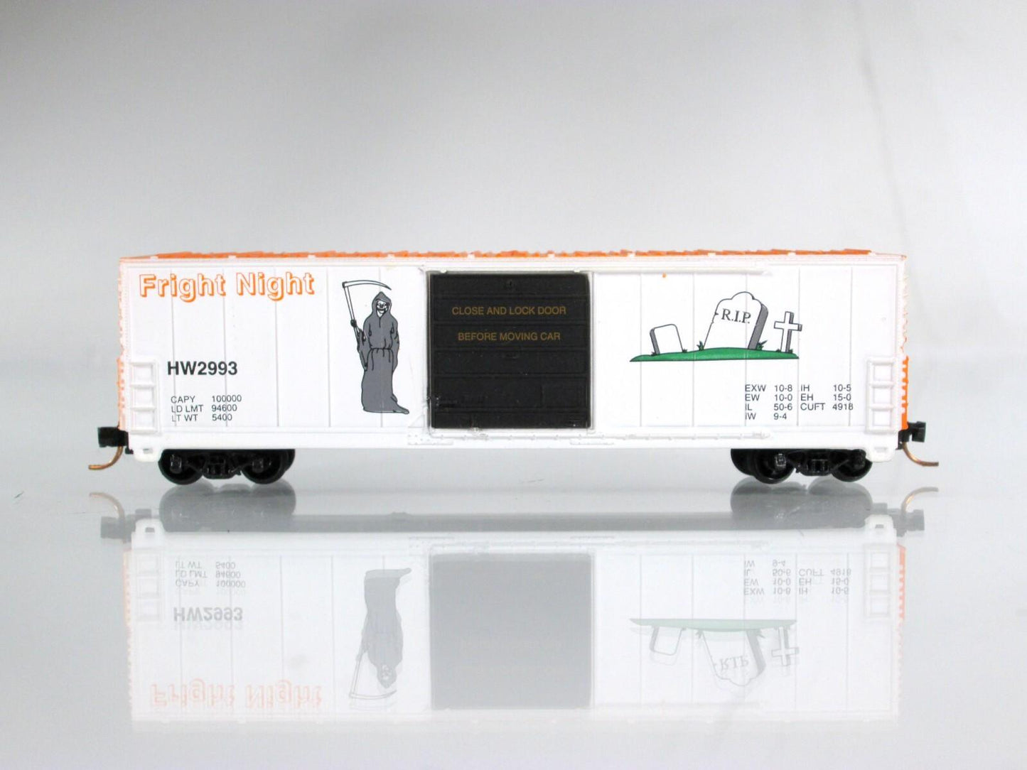 N Scale Halloween FRIGHT NIGHT / GRIM REAPER Box Car --Bev-Bel,  MTL Clprs *RARE