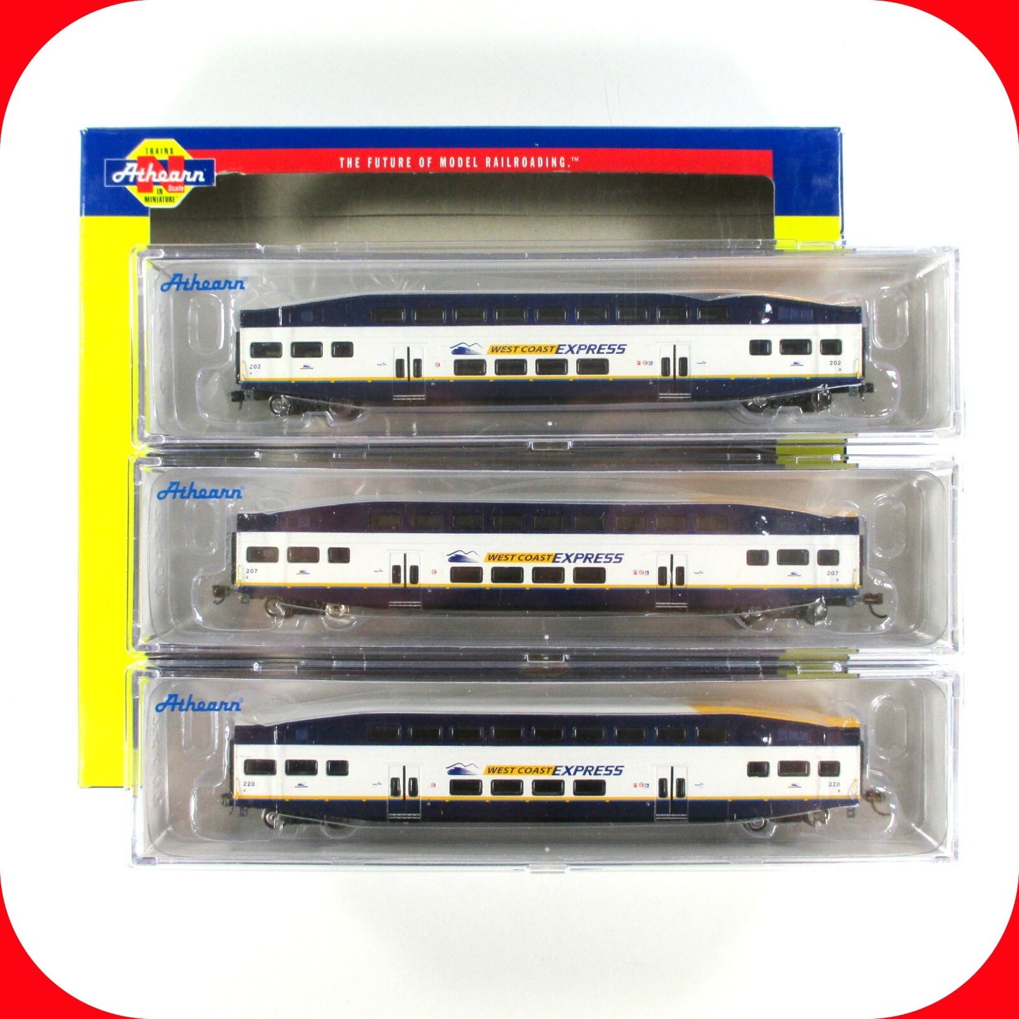 N Scale **WEST COAST EX** Bombardier Coaches 202, 207, 220 - Athearn 24442 *RARE