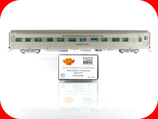 HO Scale ***CB&Q CA ZEPHYR*** SILVER QUAIL Sleeper #451 - Broadway 1522, Lighted